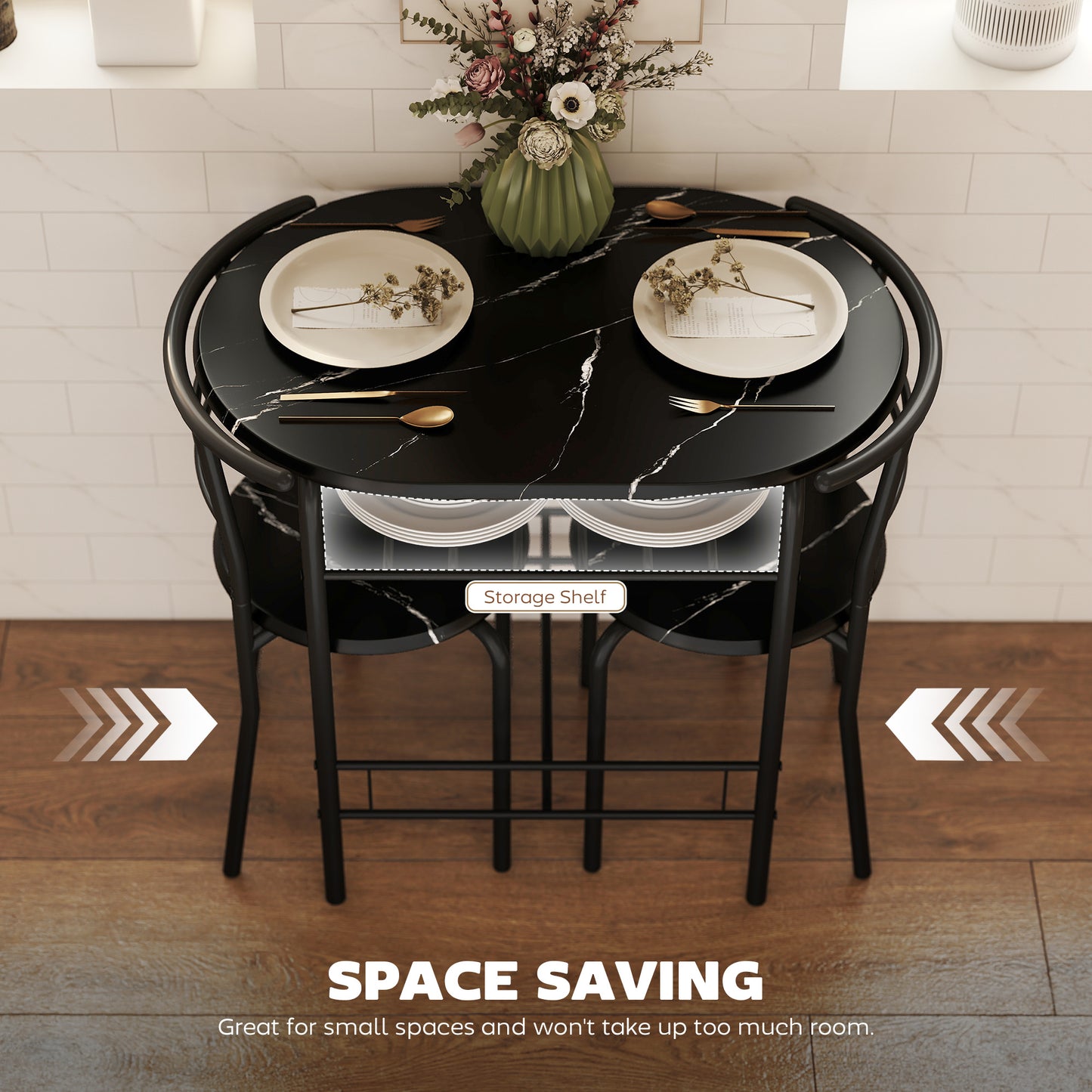 HOMCOM Three Piece Compact Dining Set With Marble Effect MDF Tabletops And Metal Frames Black With Under Table Shelf