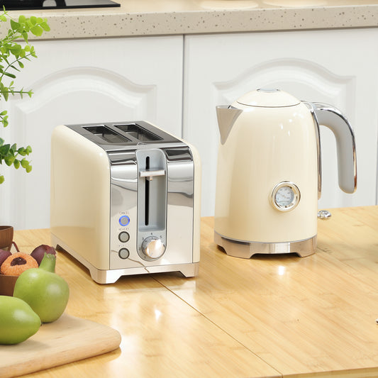 HOMCOM Retro Toaster and Kettle Set Cream With Silver Tone Accents and Curved 1.7L Kettle