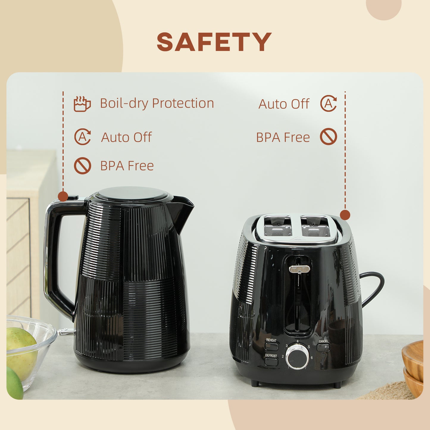 HOMCOM Kettle and Toaster 1.7L 3000W Fast Boil 2 Slice Toaster with 7 Browning Defrost Reheat Boil Dry Protection Black