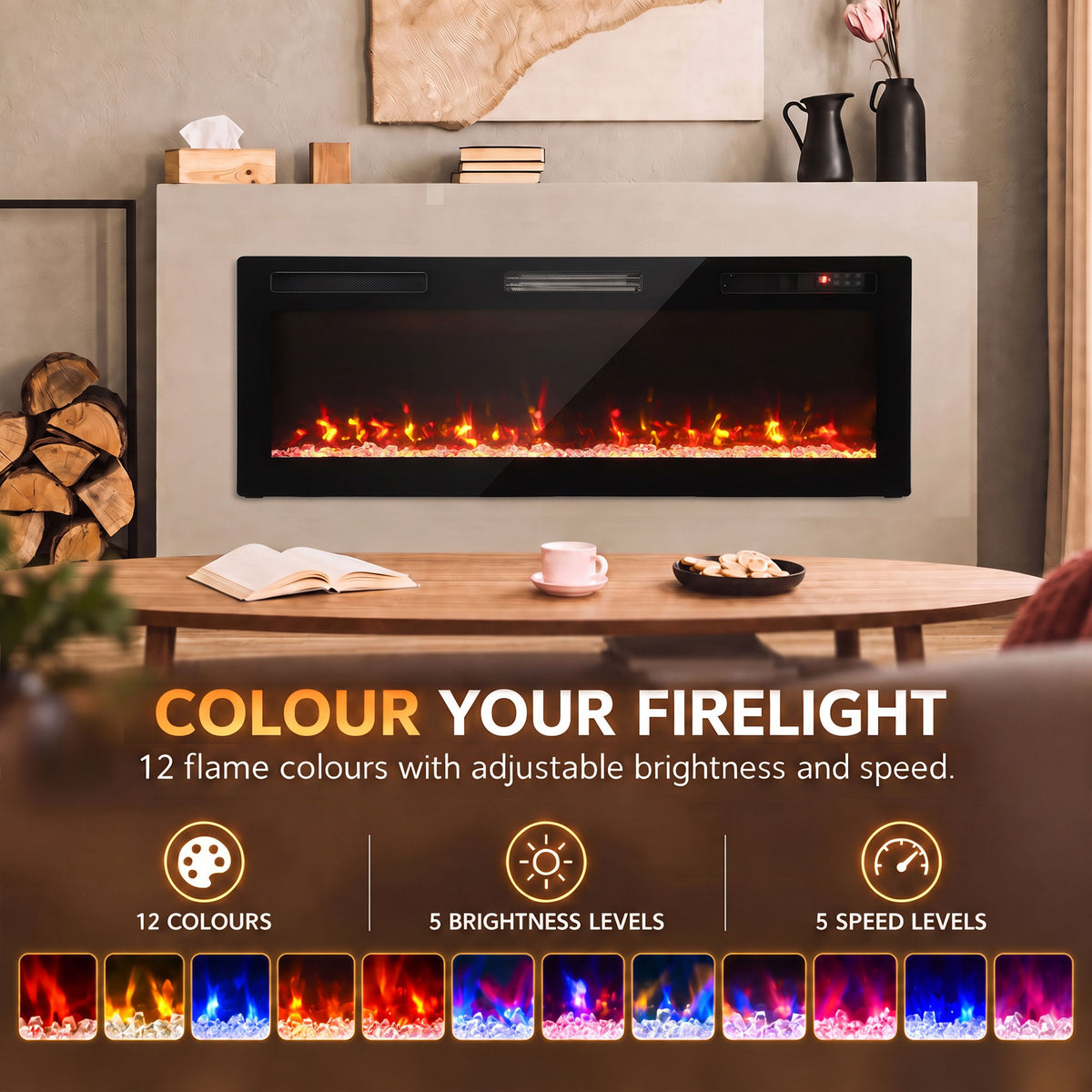 Wall-mounted electric fireplace with black frame and glowing multicolor flame display