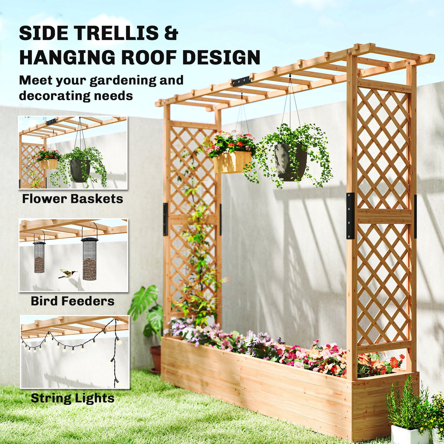 Outsunny Fir Wood Planter and Trellis Garden Bed 171 x 39 cm with Dual Side Trellises for Climbing Plants