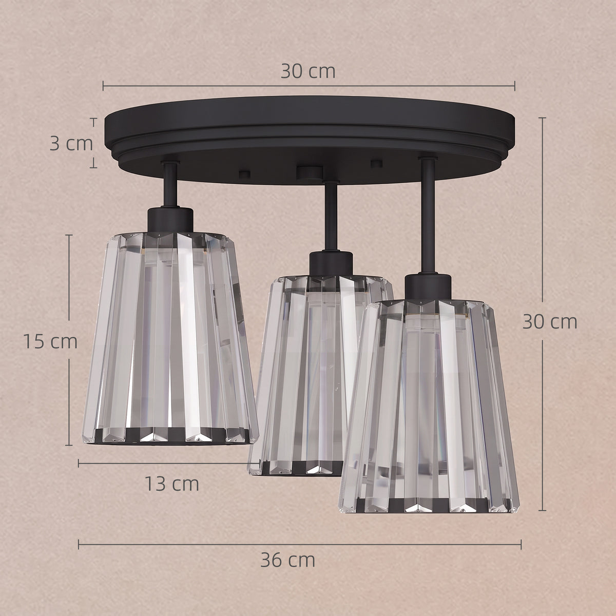 HOMCOM 3 Light Crystal Glass Ceiling Light Triple Head Modern Black Lamp