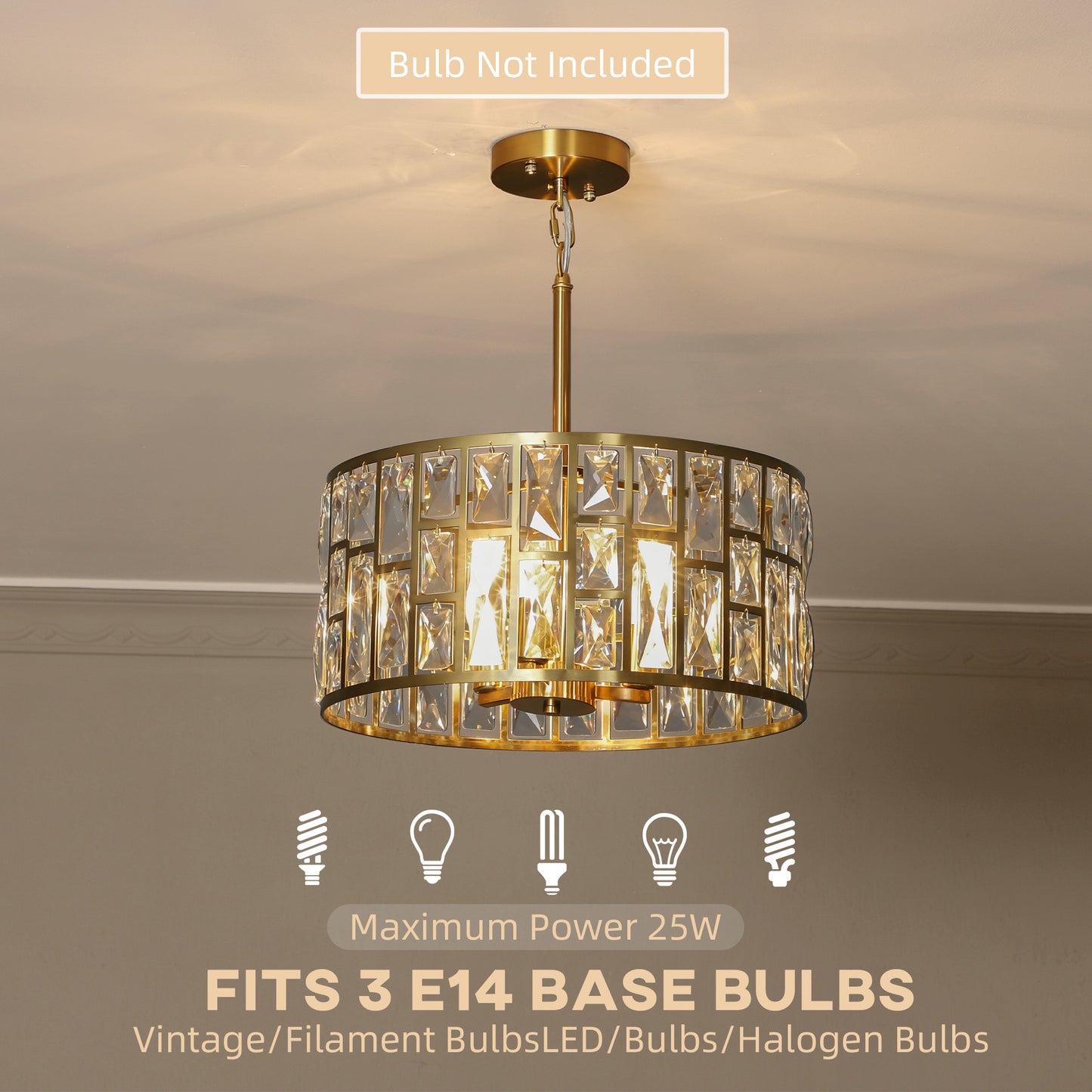 HOMCOM 72 Glass Crystallite Chandelier Gold Tone Ceiling Light With Flush Mount Or Hanging Installation Three Bulbs