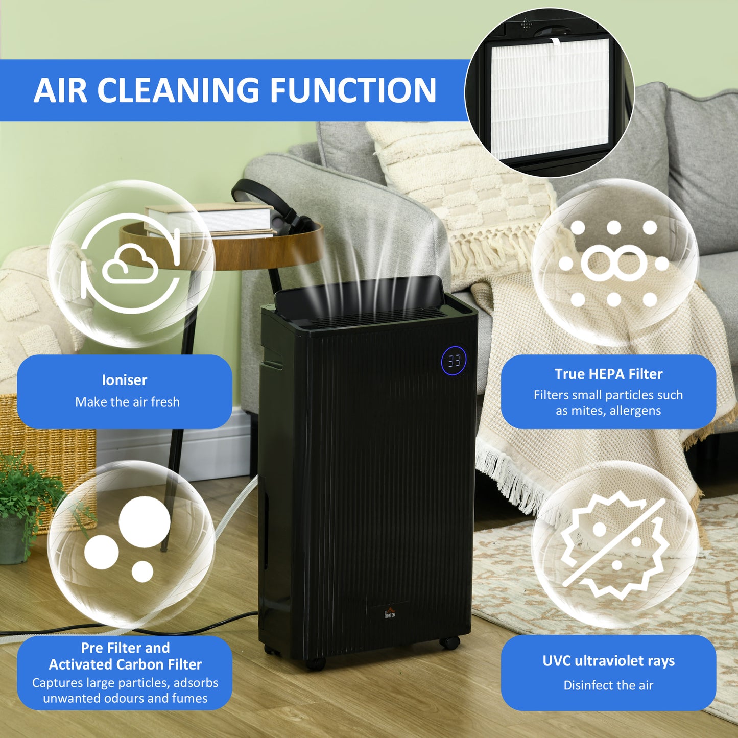 HOMCOM 5500mL Multi-Functional Dehumidifier and Air Purifier with UVC, Ioniser, 24-Hour Timer, 5 Modes, 16L/Day Capacity for Home Laundry, Black - ALL4U RETAILER LTD