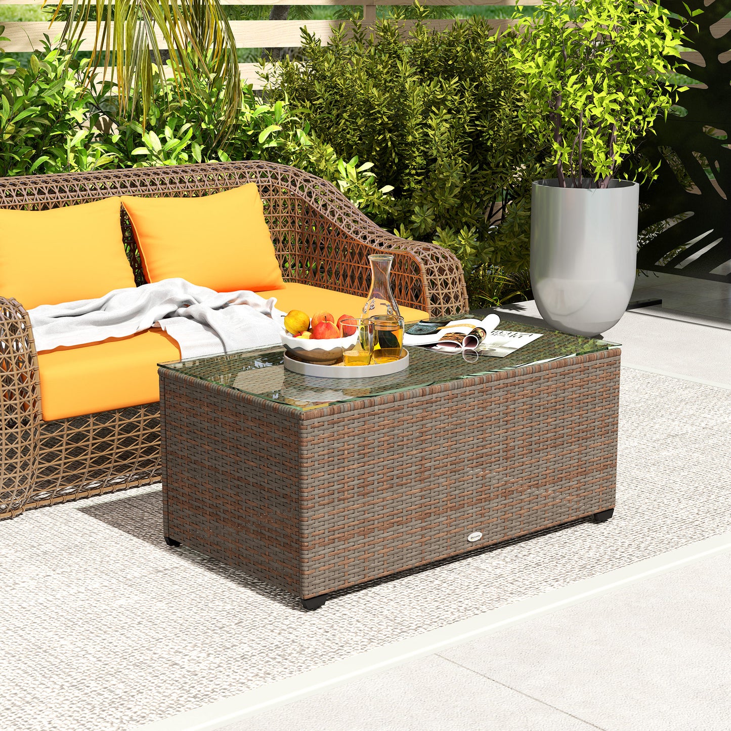 Outsunny 90 By 50 Cm Tempered Glass Top Rattan Side Table Brown Garden Outdoor Patio Furniture