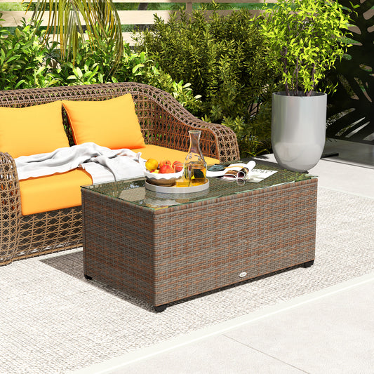Outsunny 90 By 50 Cm Tempered Glass Top Rattan Side Table Brown Garden Outdoor Patio Furniture