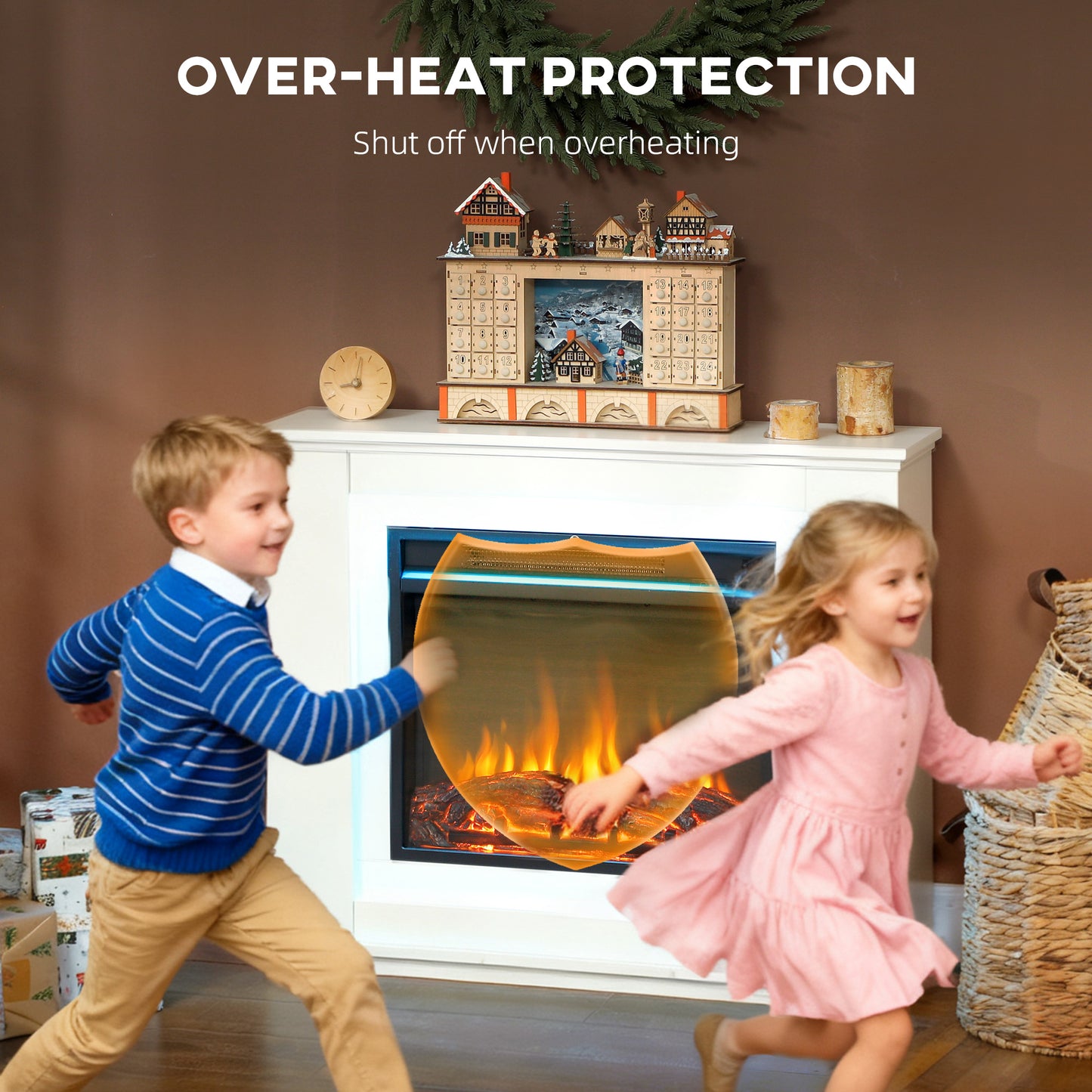 HOMCOM 2000W White Faux Flame Electric Fireplace 6824 BTU Heat With Adjustable Thermostat For Rooms Up To 30 Sq M