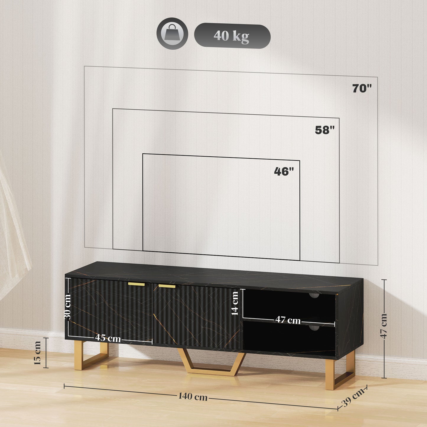 HOMCOM Marble Effect TV Unit For Up To 70 Inch TVs Black With Fluted Doors Shelves Storage Cupboard And Cable Management