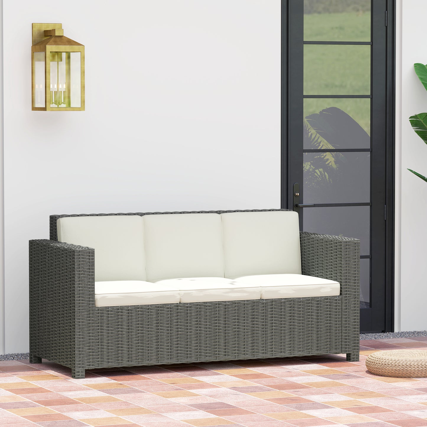 Outsunny 3 Seater Outdoor Rattan Sofa All Weather Wicker Weave Steel Frame With Cream Cushions Fire Resistant