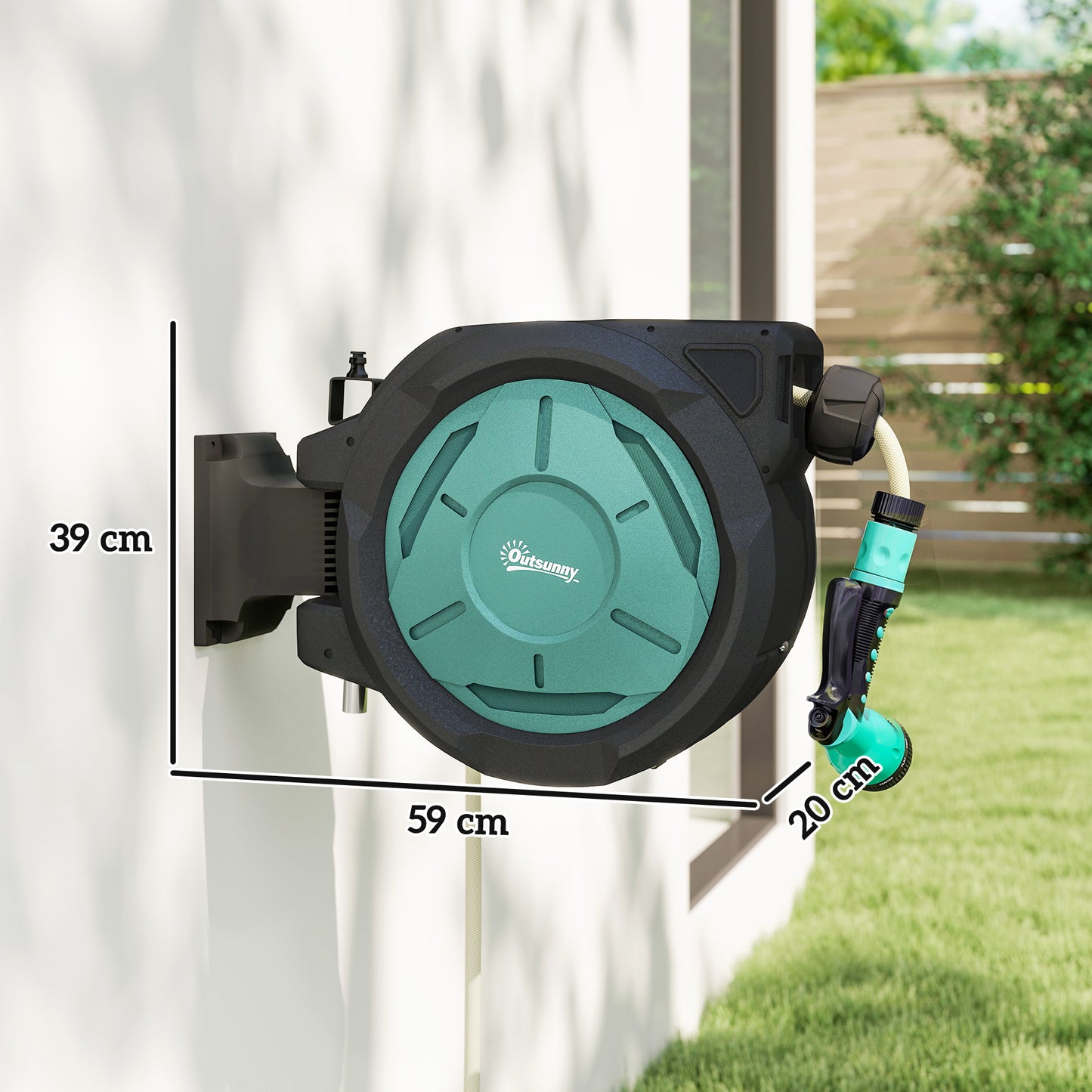 Outsunny Retractable Hose Reel Wall Mounted 20m And 2m Hose With Auto Rewind 180 Degree Swivel 7 In 1 Nozzle Black