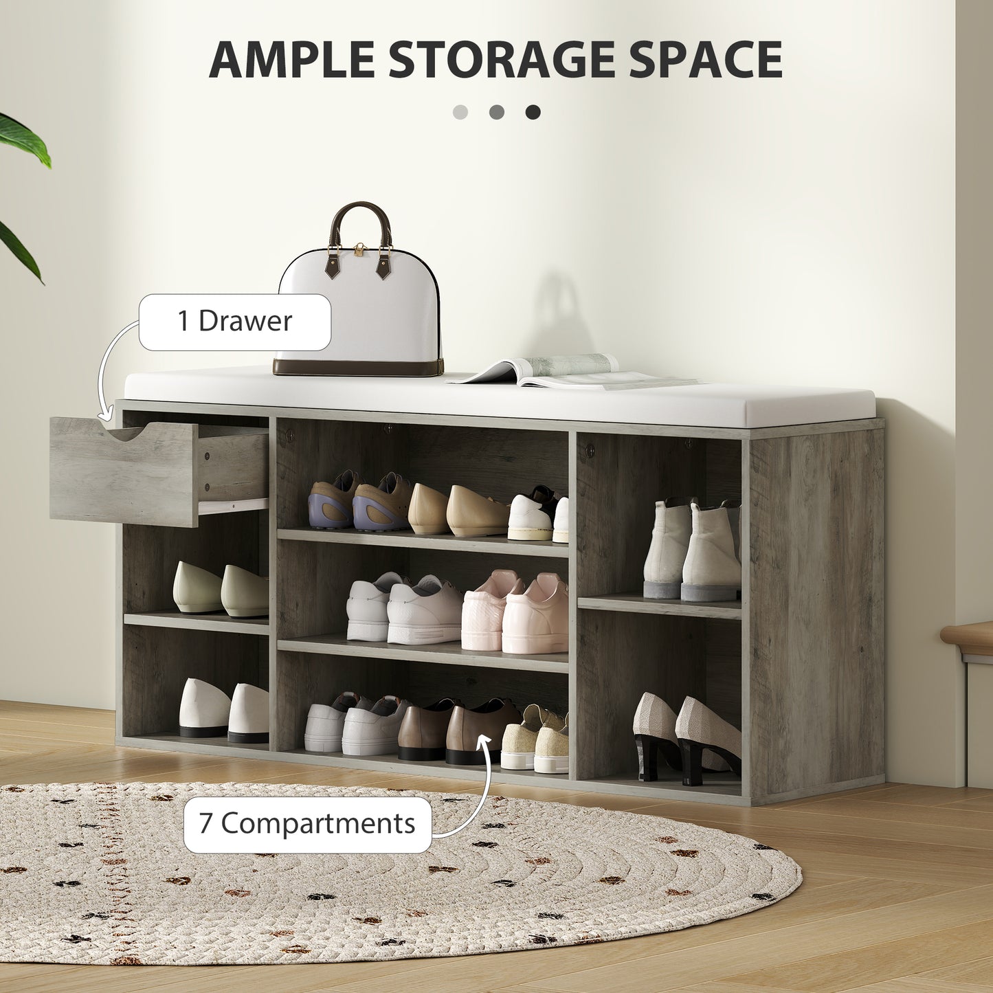 HOMCOM Shoe Storage Bench With Padded Cushion Grey For Entryway With Large Capacity And Easy Access