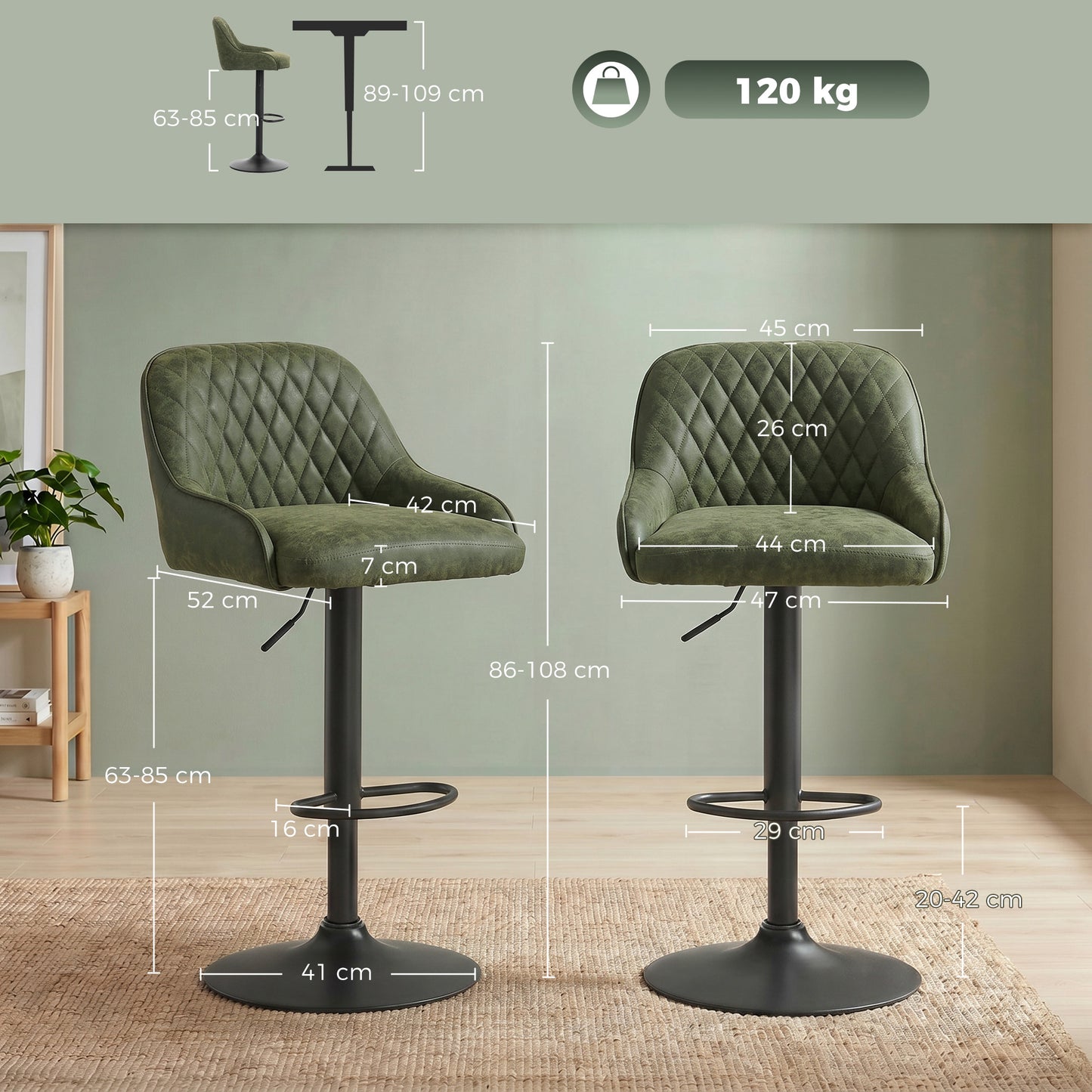 HOMCOM Adjustable Bar Stools Swivel Kitchen Chairs With Backrest Set Of 2 For Kitchen Island Dark Green