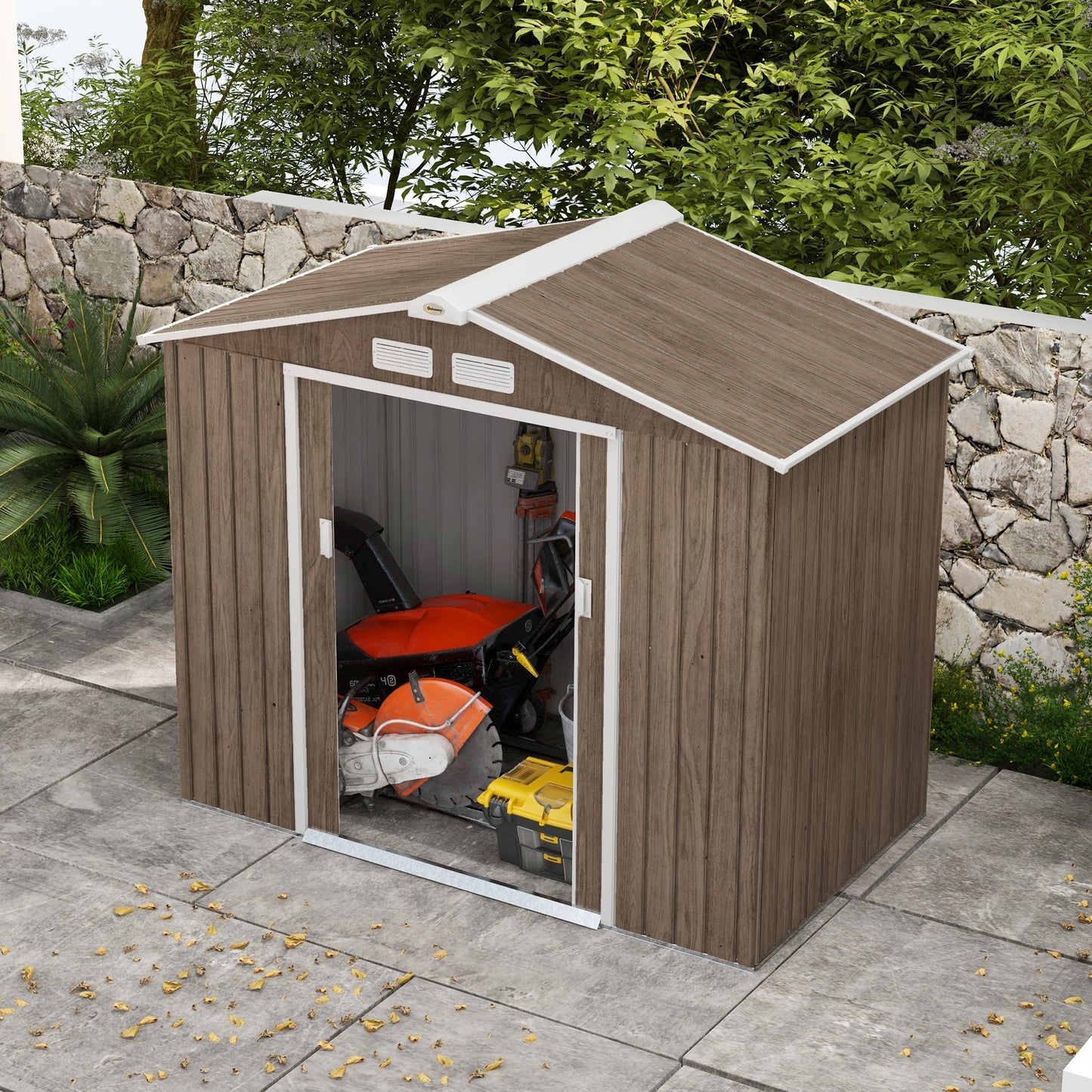 Outsunny 7x4ft Lockable Metal Garden Storage Shed with Vents and Foundation Kit, Brown - ALL4U RETAILER LTD