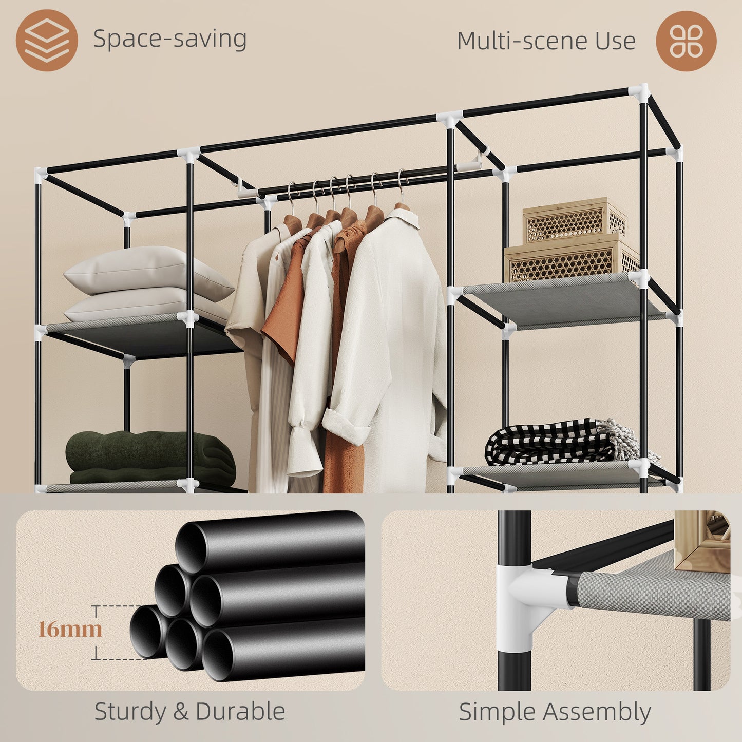HOMCOM Clothes Storage Organiser With Hanging Rail And Shelves Portable Wardrobe Foldable Fabric Wardrobe Light Grey