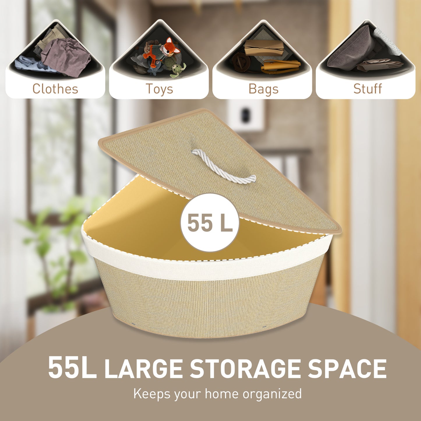 HOMCOM Bamboo Laundry Basket With Lid 55L Corner Hamper Removable Washable Liner Bag Triangle Basket Nature Wood Finish