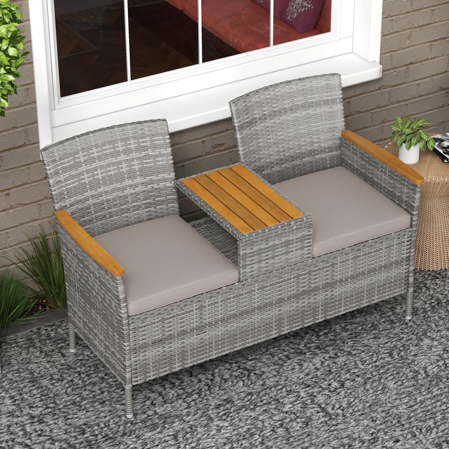 Outsunny Grey Rattan Loveseat with Acacia Wood Middle Table for Two - ALL4U RETAILER LTD