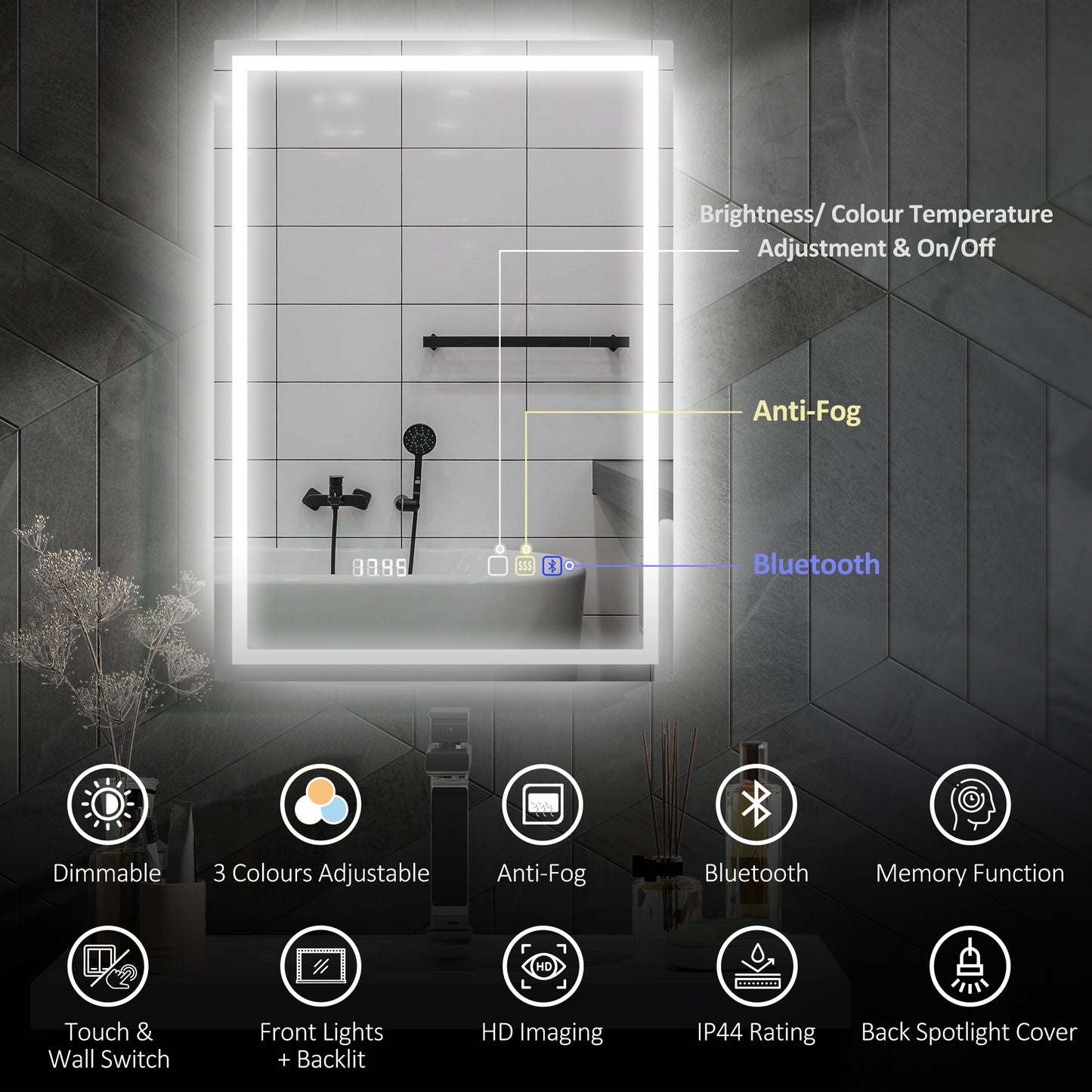 HOMCOM 50 By 70 Cm Anti Fog LED Bathroom Mirror With Bluetooth And Clock Silver Tone