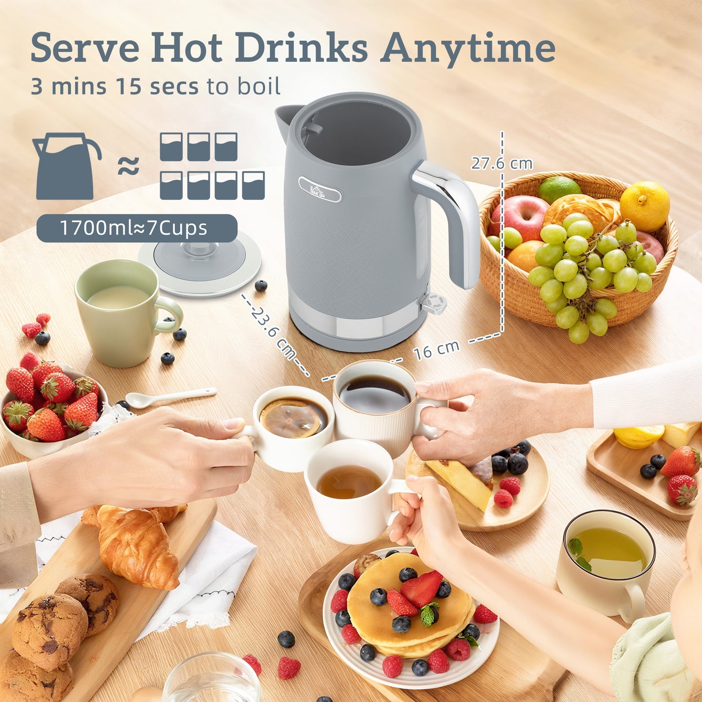 HOMCOM Sleek Textured Kettle And Four Slice Toaster Set In Grey With Otter Thermostat