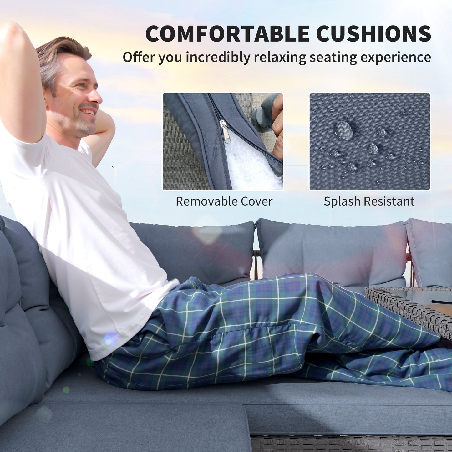 Outsunny 6 Piece Rattan Garden Furniture Set Charcoal Grey 8 Seater Corner Sofa With Cushions Glass Top Table And Stools