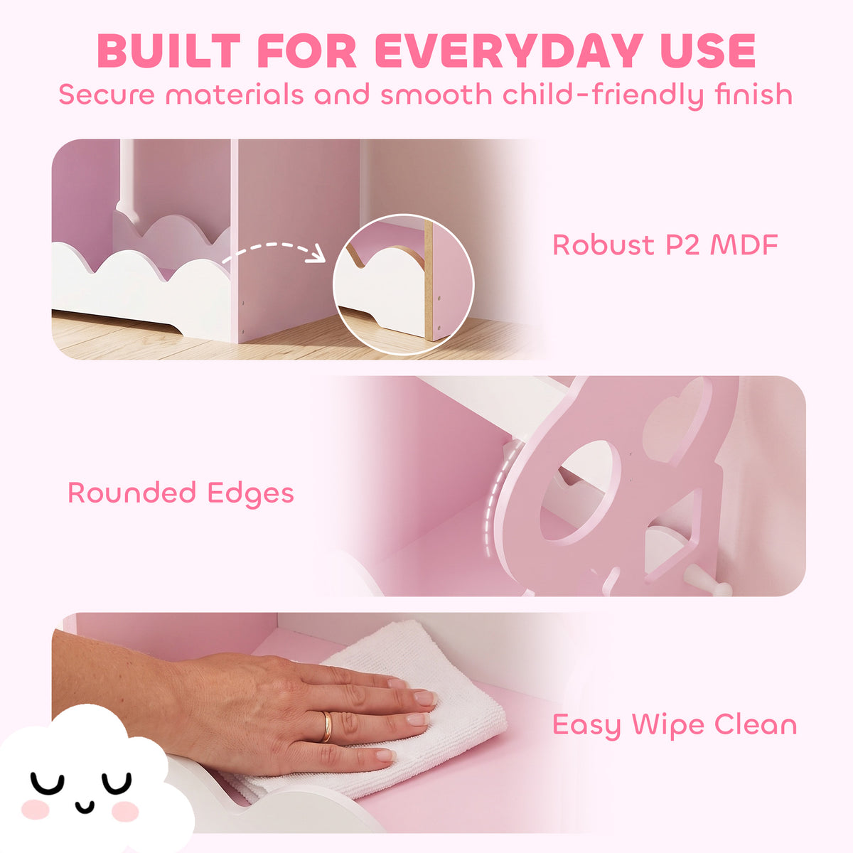 AIYAPLAY Kids Pink Wardrobe With Mirror Clothes Rail And Storage Shelves