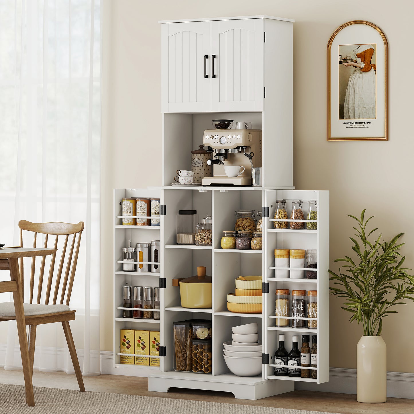 HOMCOM 181.5 cm Freestanding Storage Cabinet Tall Kitchen Cupboard With Adjustable Shelves And 8 Door Spice Racks White