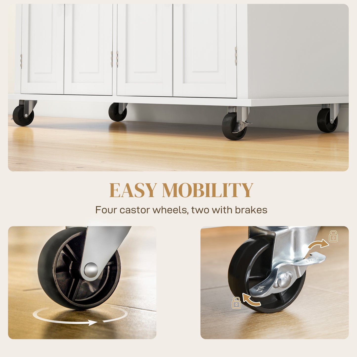 HOMCOM Rolling Kitchen Island Storage Trolley With Rubber Wood Top 2 Drawers 2 Cabinets Towel Bar Cream White