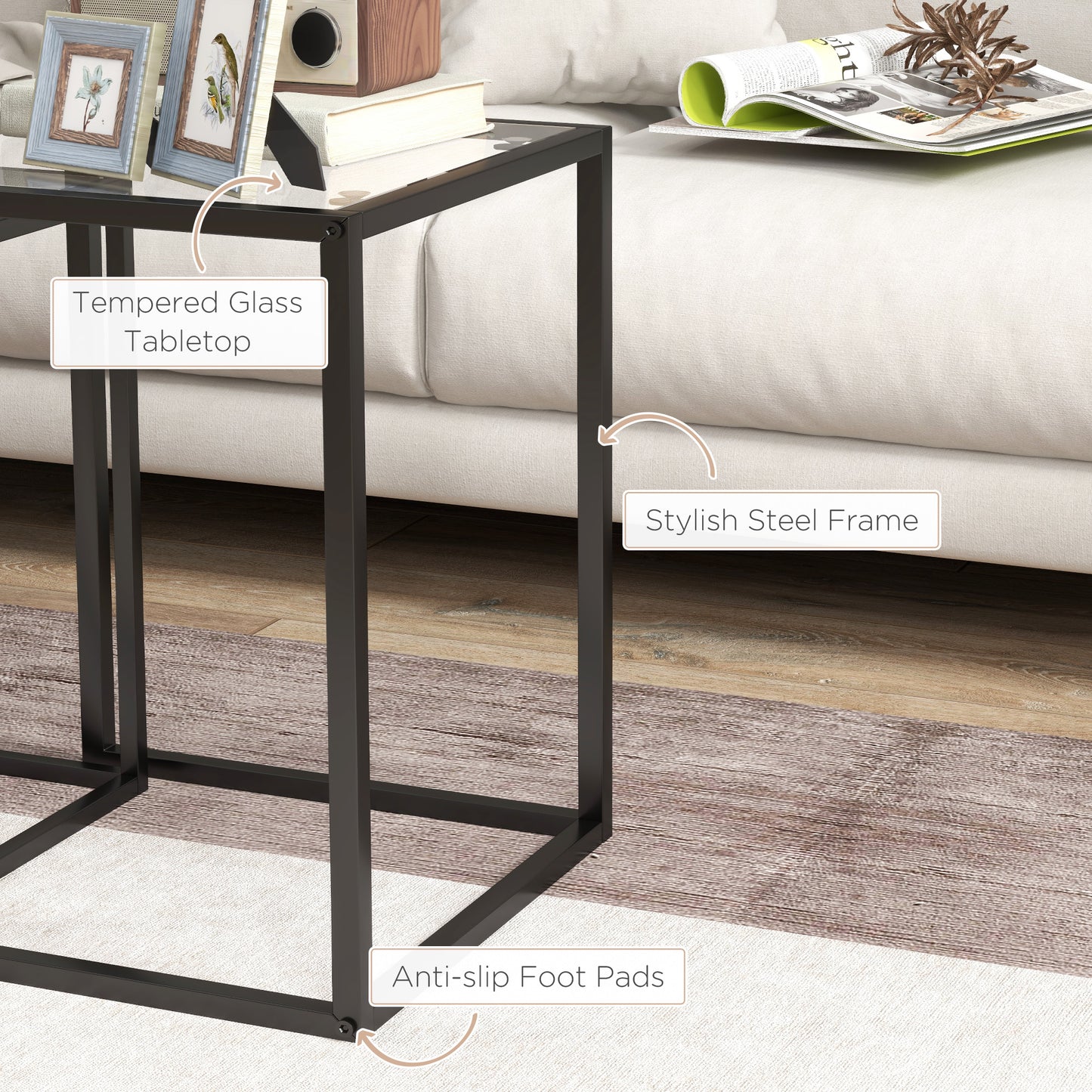 HOMCOM Nesting Tables Set of 2 With Tempered Glass Tops and Steel Frame Space Saving End Tables for Living Room Black