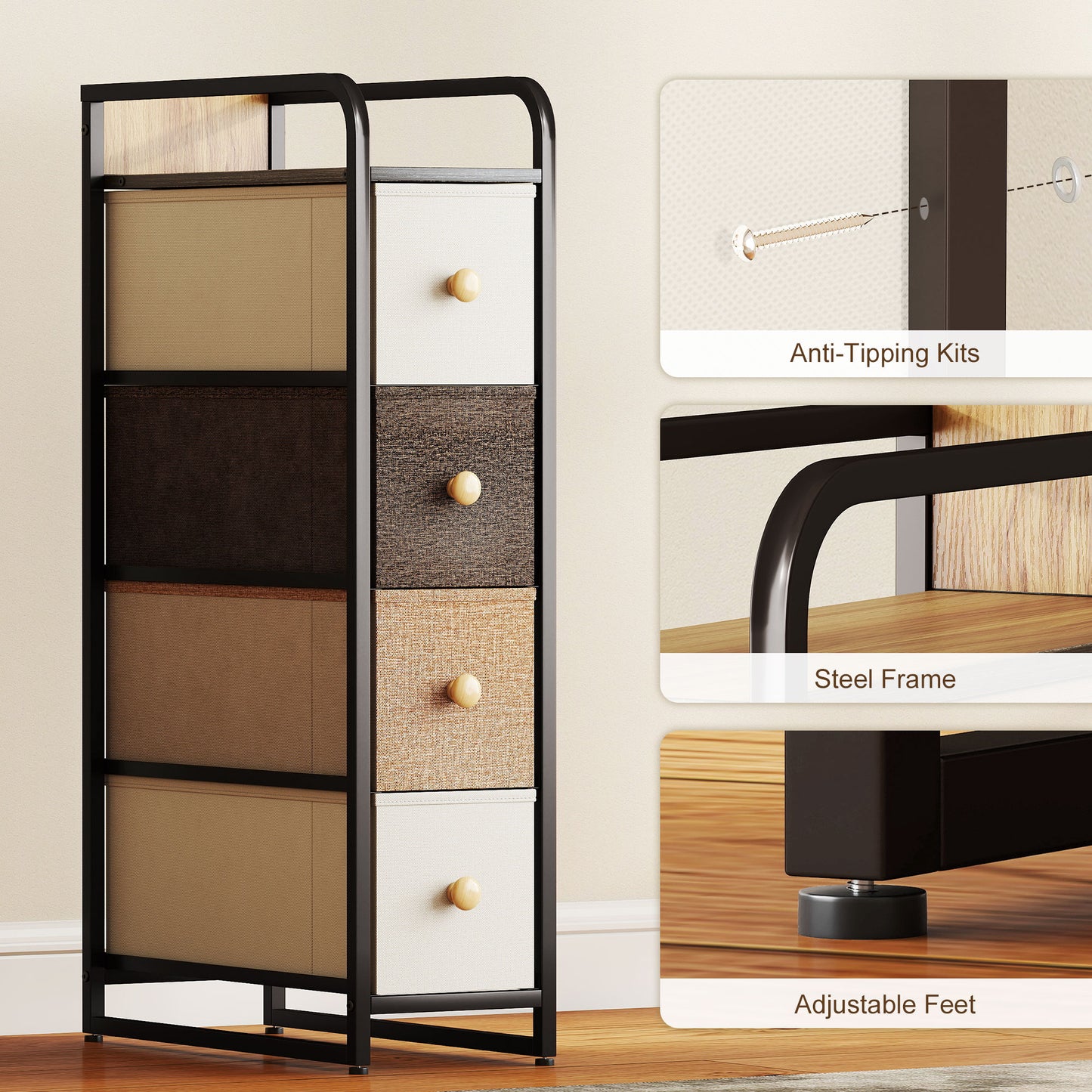 HOMCOM 4 Drawer Fabric Chest Of Drawers With Steel Frame Slim 20 Cm Wide Storage Organizer For Bedroom And Living Room
