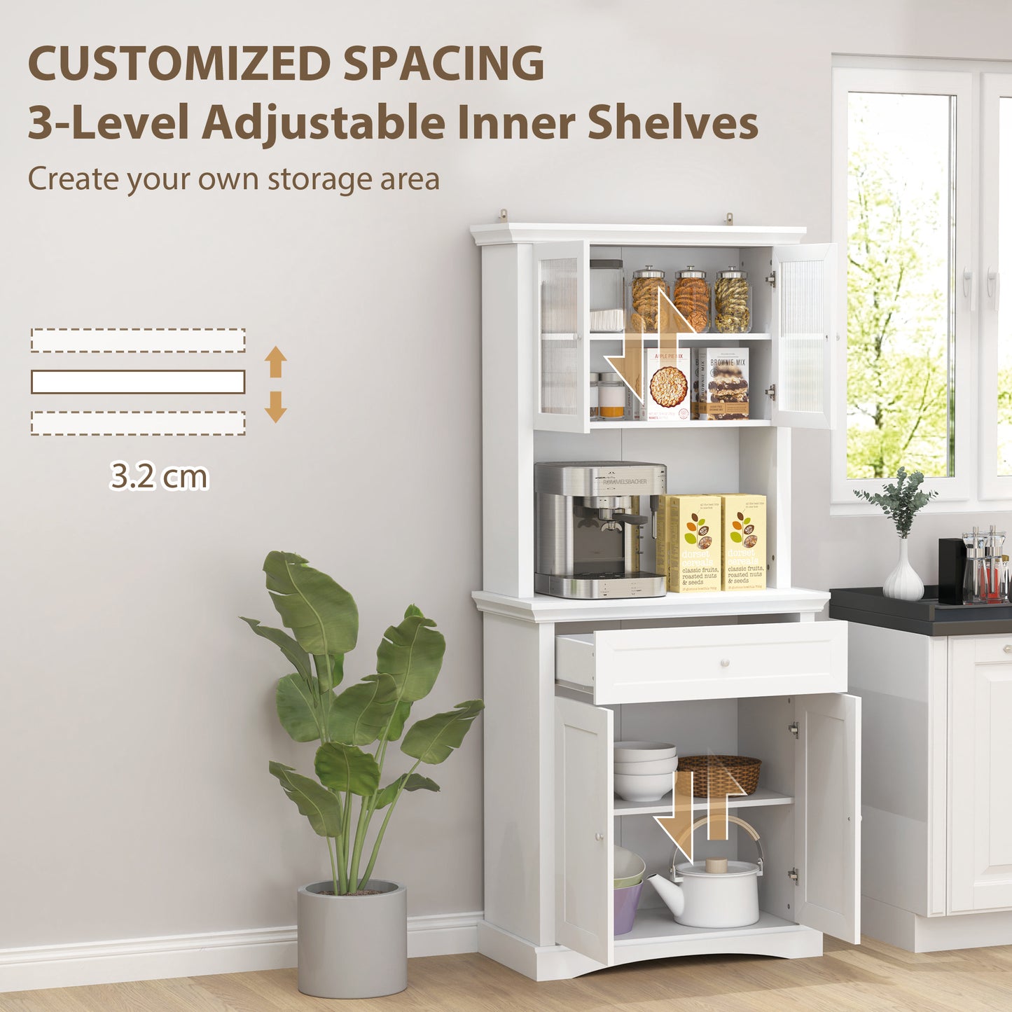 HOMCOM 4 Door Kitchen Cupboard With Drawer Freestanding Cabinet Glass Doors Adjustable Shelves Open Counter White