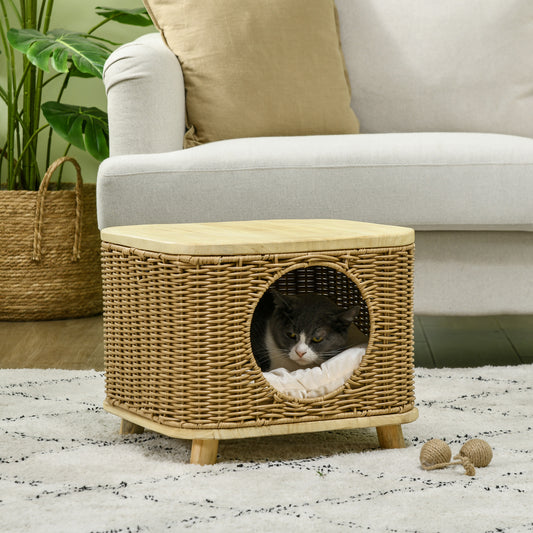 PawHut Chic Elevated Wicker Cat House with Removable Cushion, Light Brown - ALL4U RETAILER LTD