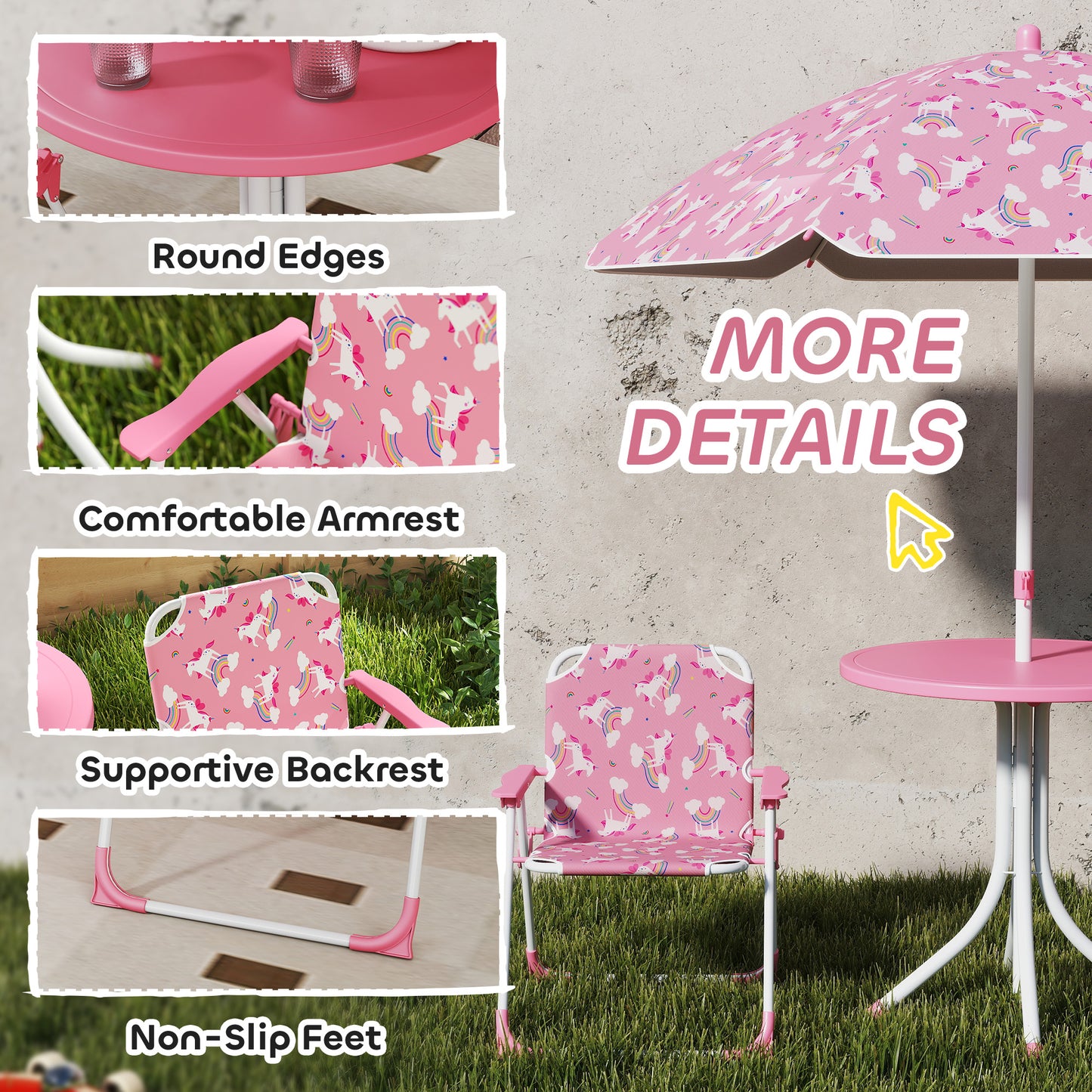 AIYAPLAY Kids Patio Table And Chair Set With Umbrella Pink Unicorn Themed Garden Furniture 4 Piece Bistro Set