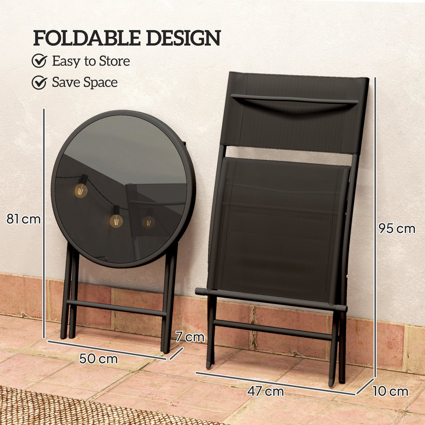 Outsunny 3 Piece Outdoor Bistro Set With Glass Top Table And Two Folding Chairs Protective Feet Black
