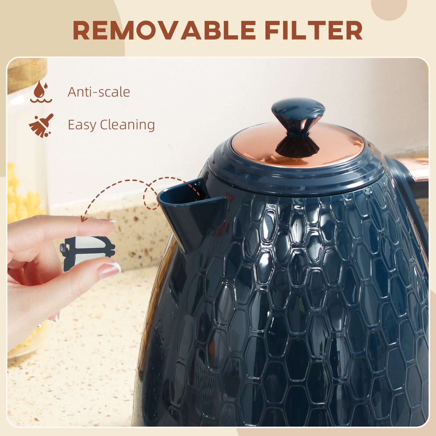 HOMCOM 3000W Rapid Boil Kettle With Honeycomb Design Dark Blue Auto Shut Off Boil Dry Protection For Tea And Coffee