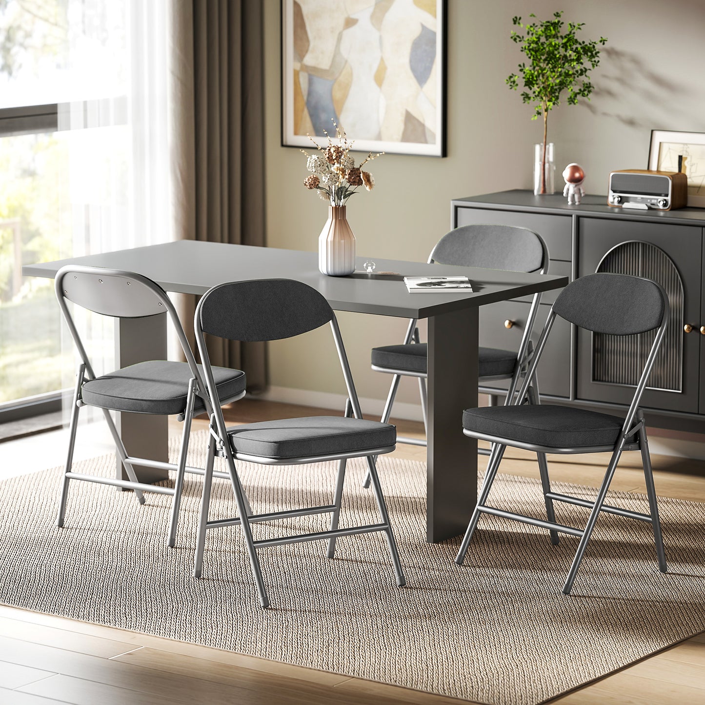HOMCOM Set of Four Folding Corduroy Seat Chairs Dark Grey With Steel Frame Portable Padded Seating for Dining and Events