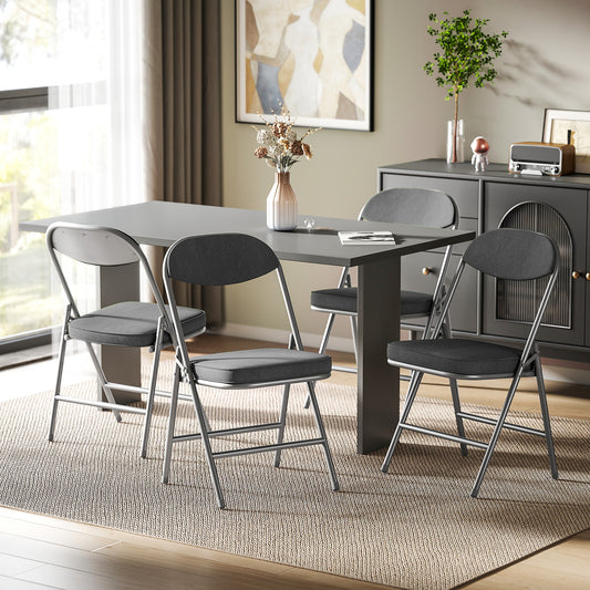 HOMCOM Set of Four Folding Corduroy Seat Chairs Dark Grey With Steel Frame Portable Padded Seating for Dining and Events