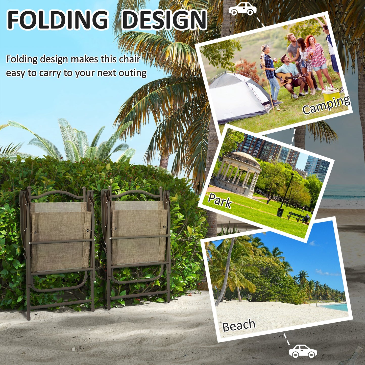 Outsunny Folding Garden Chairs Set Of Two With Fabric Mesh Seats Outdoor In Mixed Brown