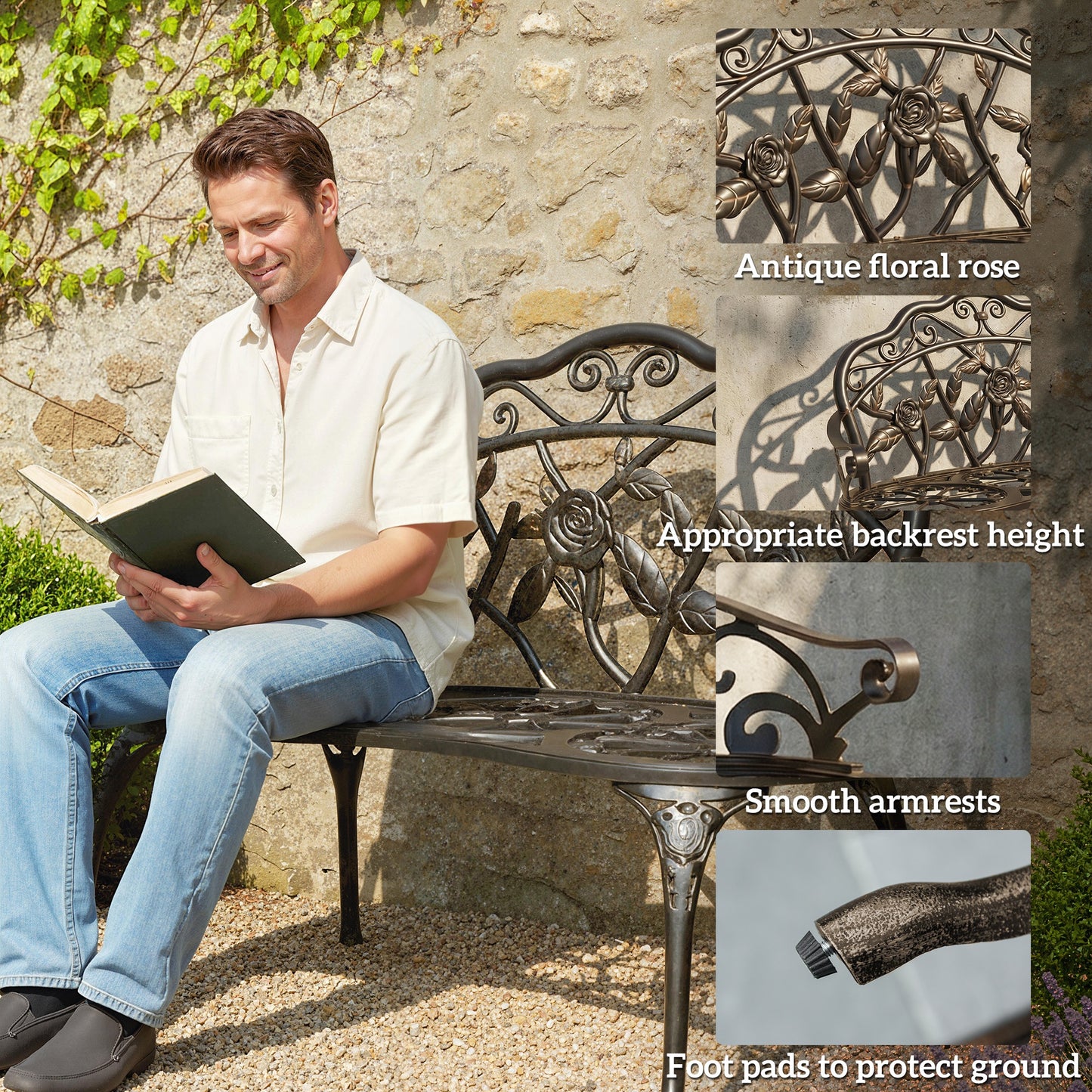 Outsunny Cast Aluminium Garden Bench In Bronze Tone With Classic Rose Pattern And Curved Front For Lasting Comfort