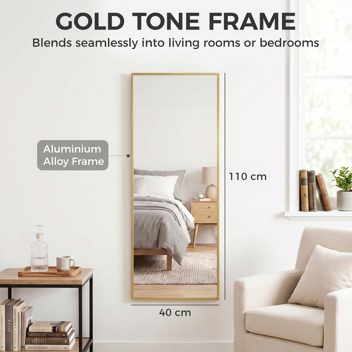 Full length gold-tone mirror frame, 40 cm wide and 110 cm high