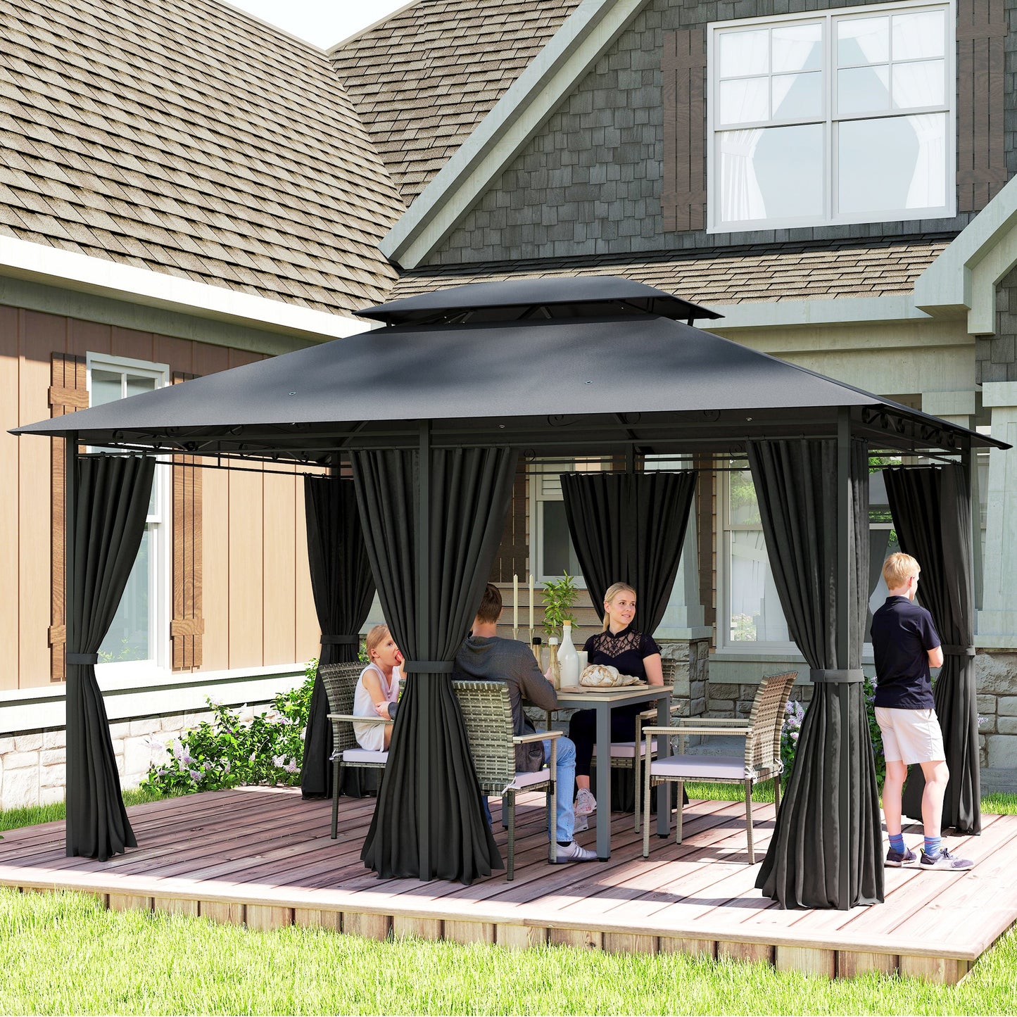 Outsunny 3x4m Steel Gazebo With UV Resistant Curtains Black Outdoor Party Shelter Two Tier Roof Ground Stakes