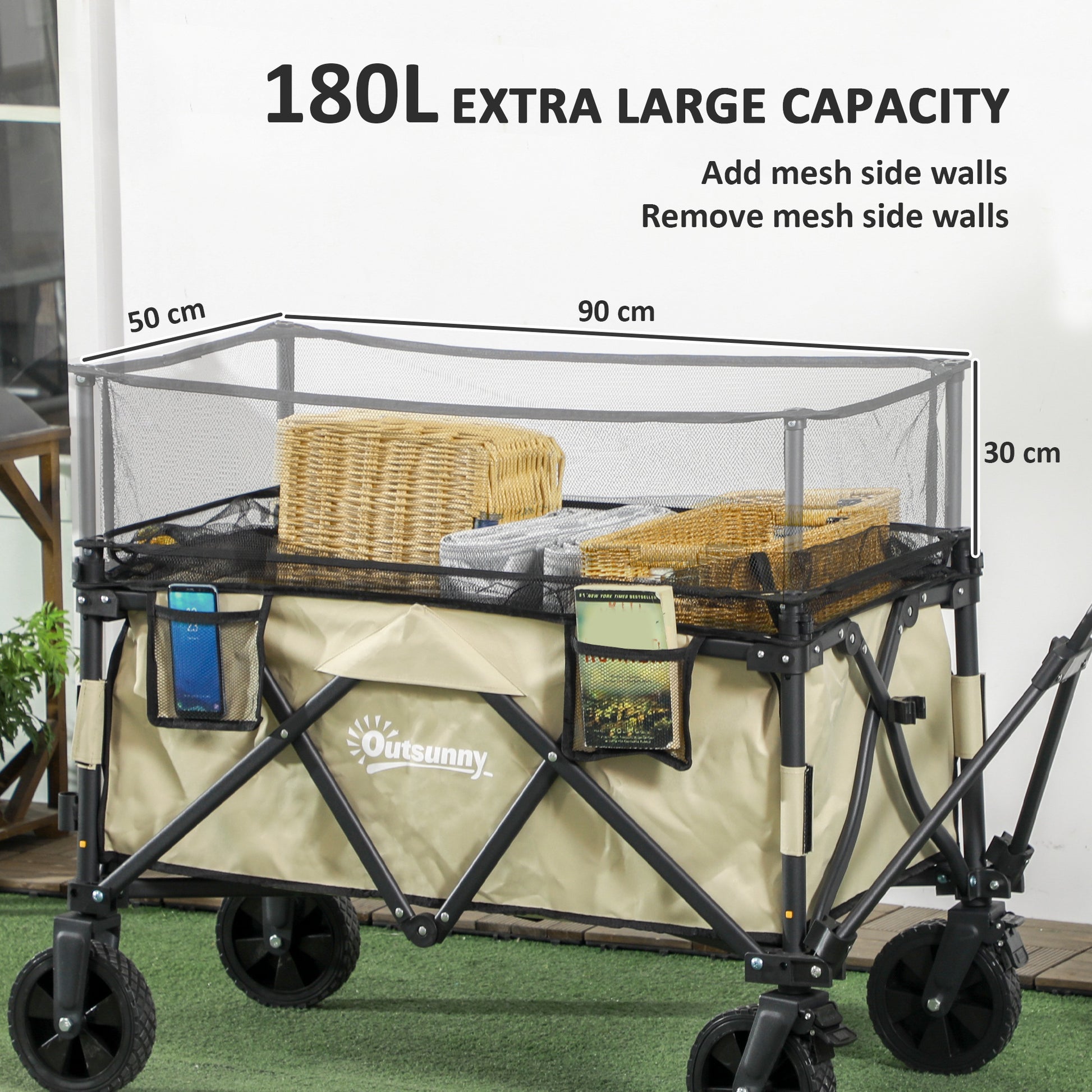 Outsunny Versatile Khaki Folding Trolley Wagon Cart with Extendable Side Walls for Beach and Camping - 180L Capacity - ALL4U RETAILER LTD