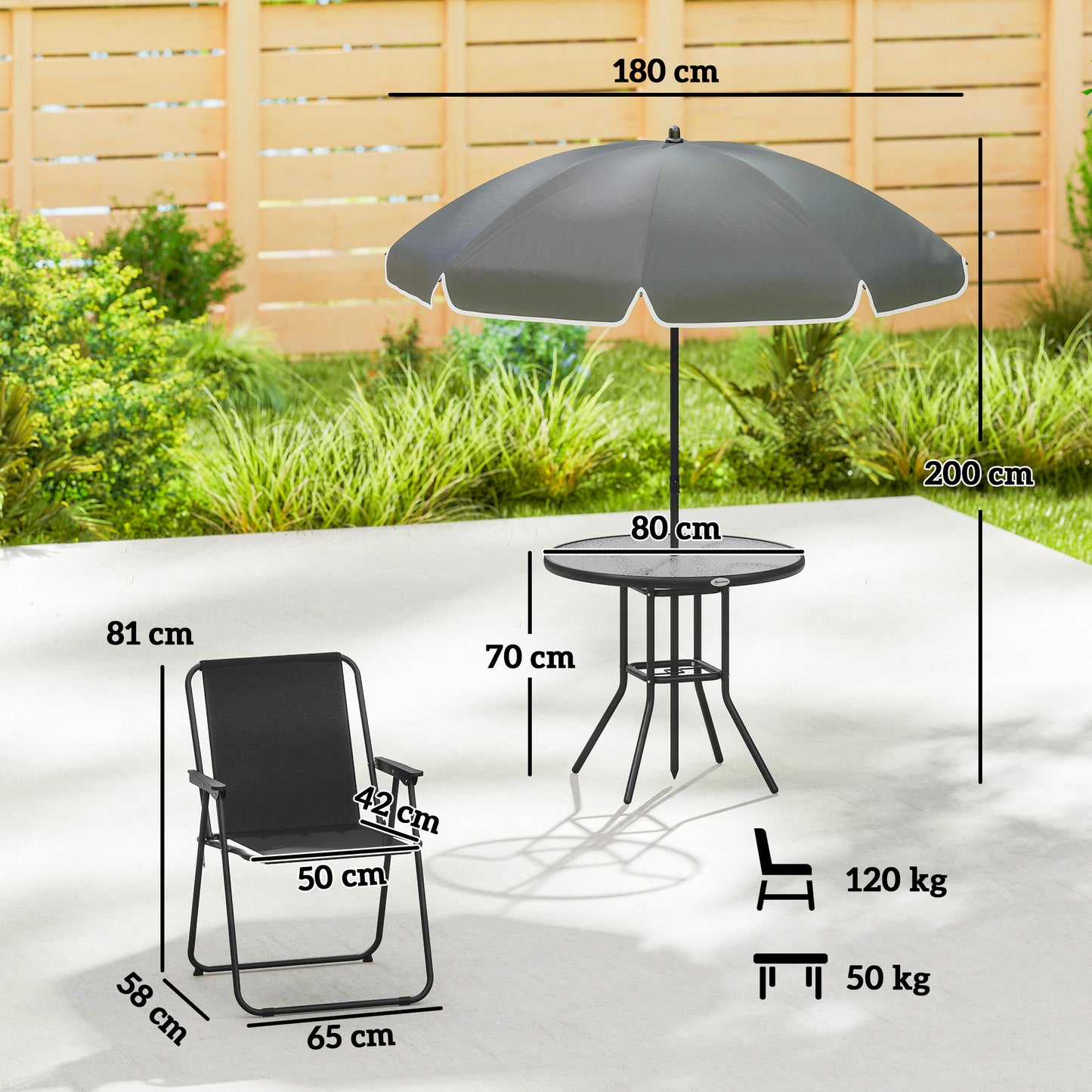 Outsunny 4 Seater Round Table Garden Furniture Set With Folding Chairs Parasol 6 Piece For Patio Black