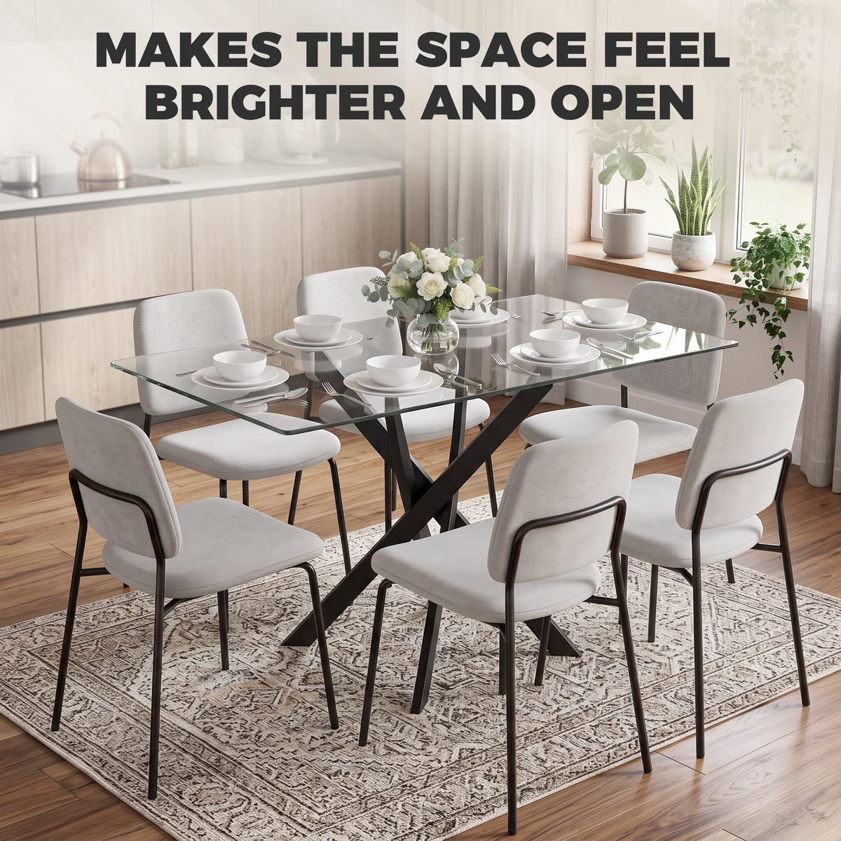 Tempered glass dining table with black X steel base