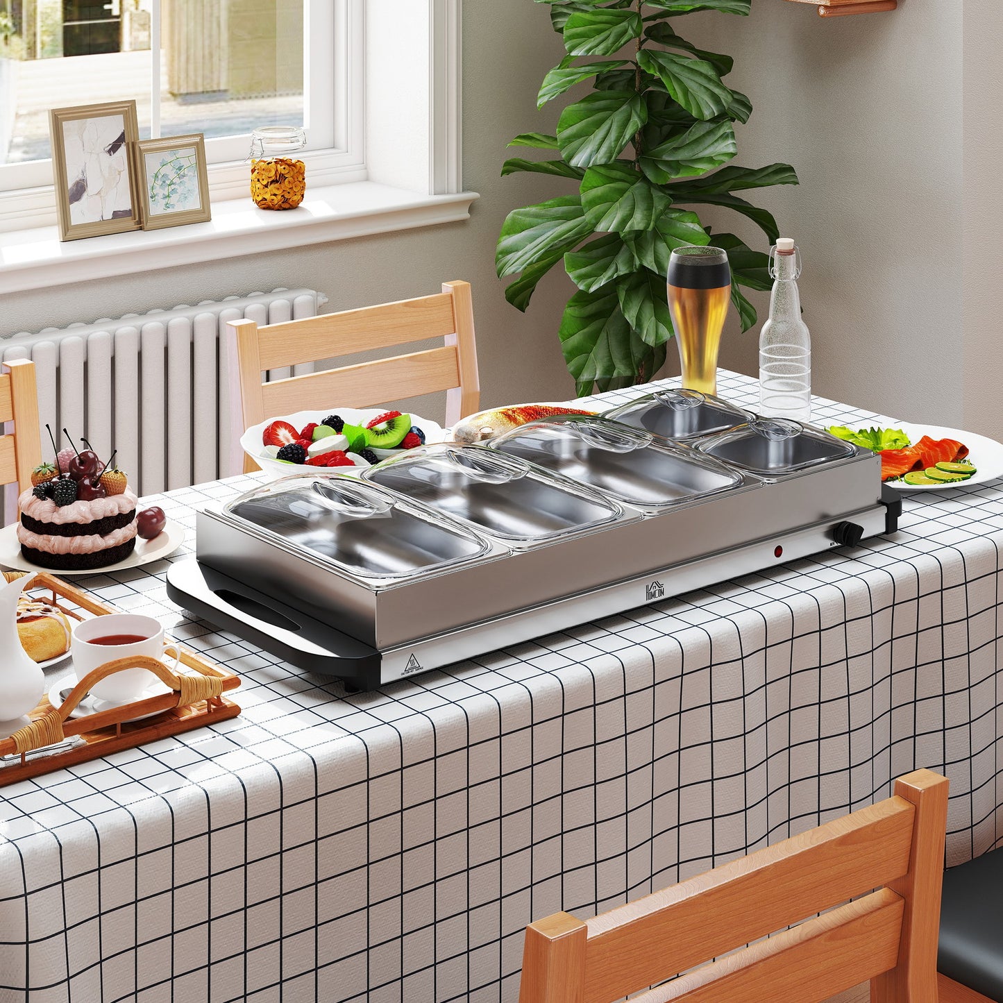 HOMCOM Five Tray Electric Buffet Warmer With Warming Plate And Adjust Temp Cool Touch Handles 300W 3X2.4L And 2X1L Pans