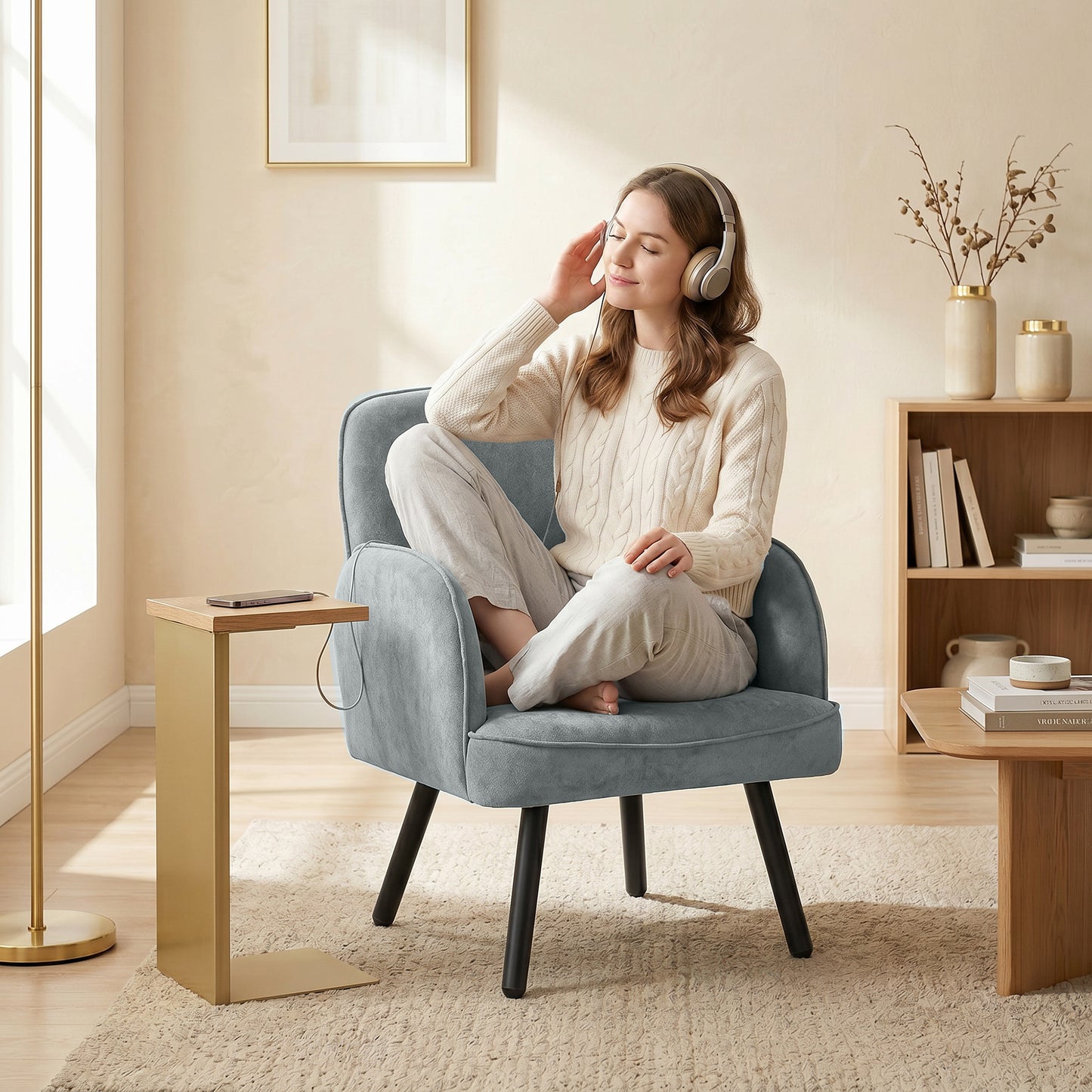 HOMCOM Velvet Upholstered Lounge Chair Armchair With Spring Cushion For Living Room Bedroom Grey