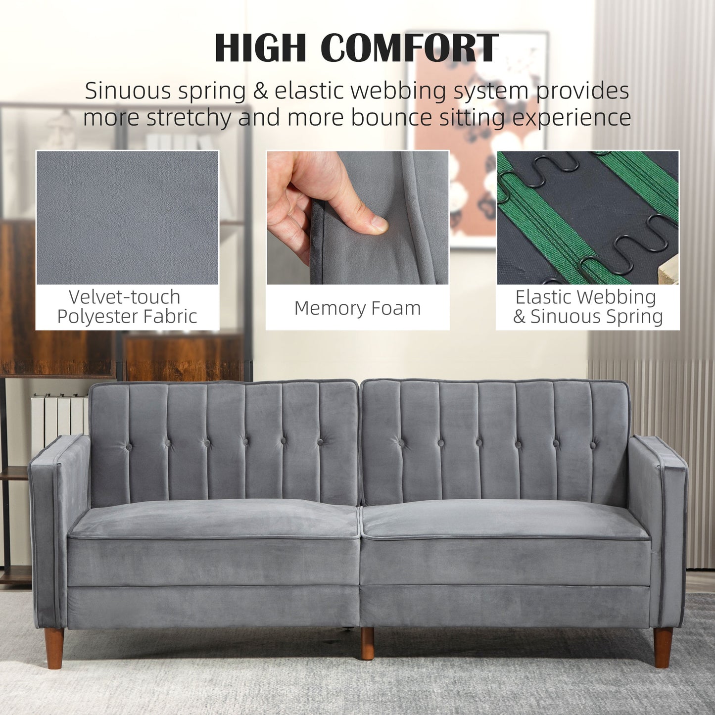 HOMCOM Velvet Feel Three Seater Sofa Bed In Dark Grey With Thick Cushions And Back Support