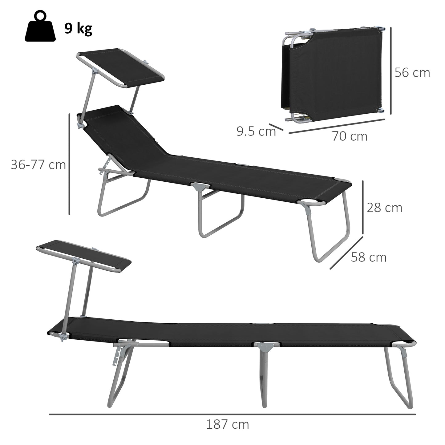 Outsunny Foldable Sun Lounger Set Of 2 With Sun Shade And Adjustable Backrest Black