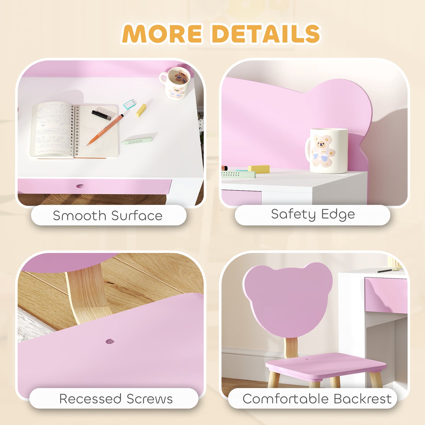 Aiyaplay Kids Desk And Chair Set With Drawer For Drawing And Reading Bear Theme Pink For Bedroom Daycare