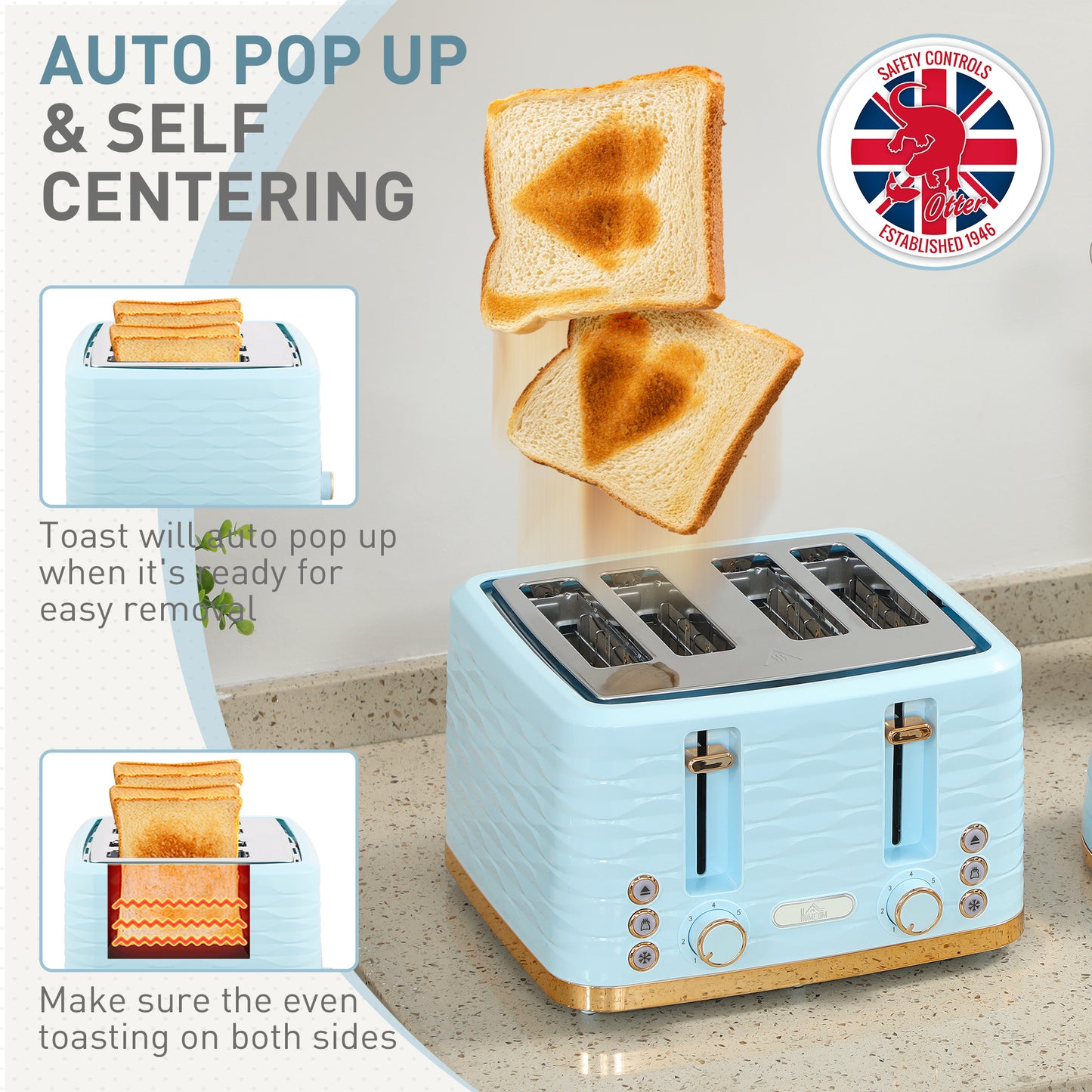 HOMCOM 3000W Kettle and 4 Slice Toaster Set with 7 Browning Levels Crumb Tray Light Blue