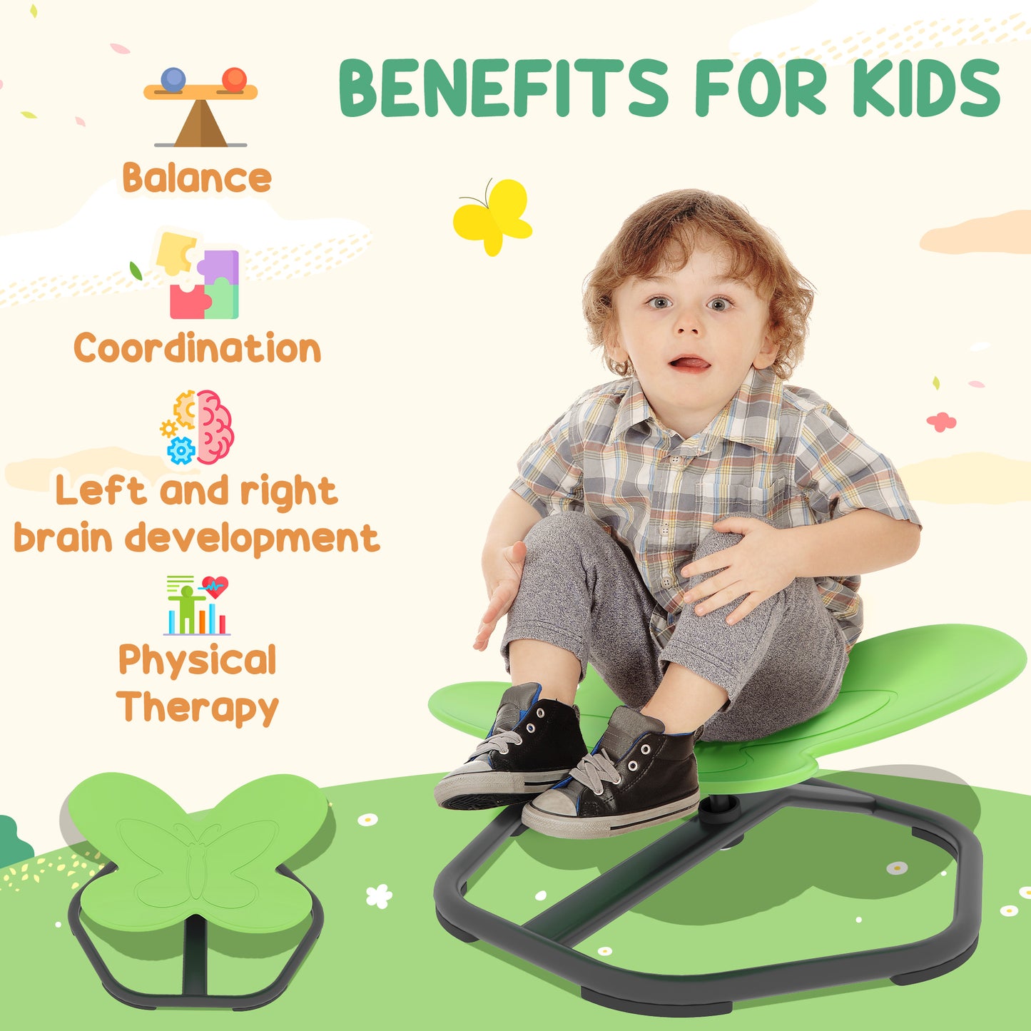 AIYAPLAY Butterfly Shaped Kids Sensory Spinning Chair For Balance And Coordination Training Green