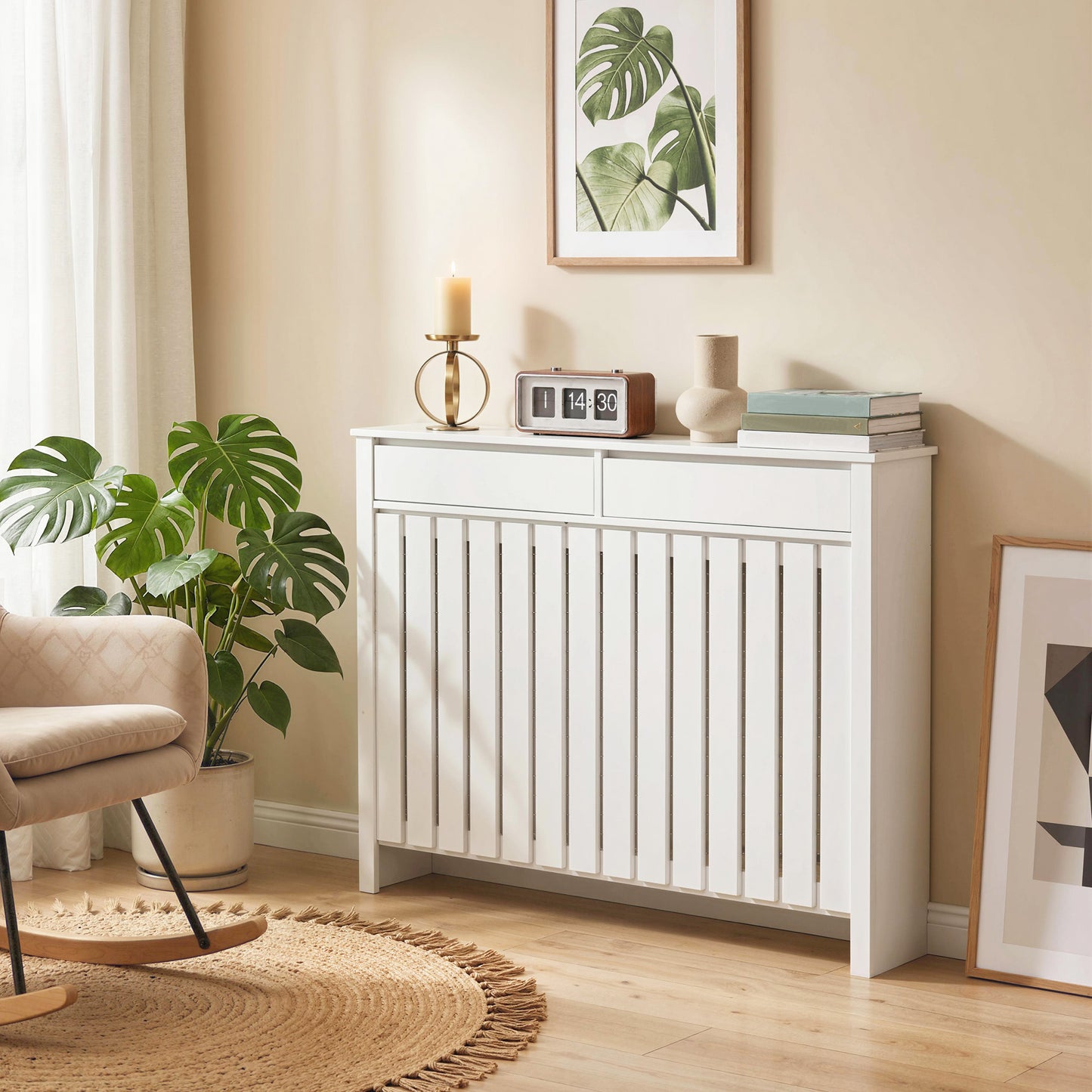 HOMCOM 93 By 119 Cm Rustic Look White Radiator Cover With MDF Construction And Vertical Slats For Safe Heat Flow